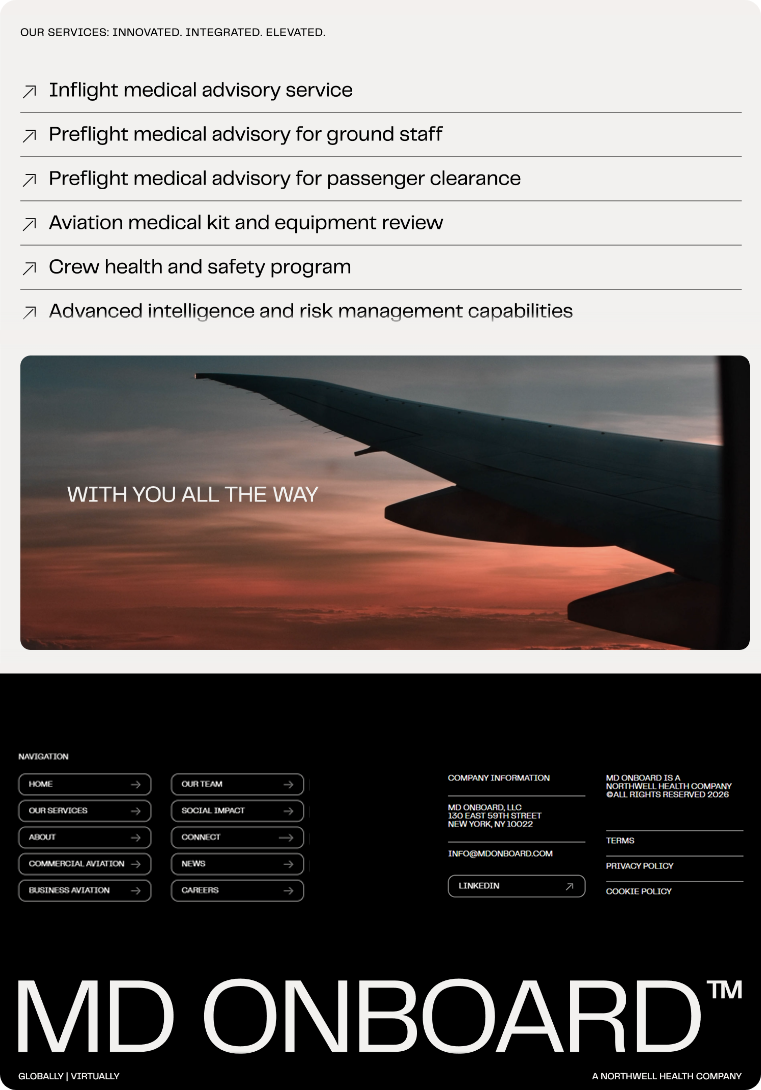 A website page displays a plane wing viewed from a window at sunset, flight-related medical services listed above, and “MD ONBOARD™” and company contact information at the bottom.