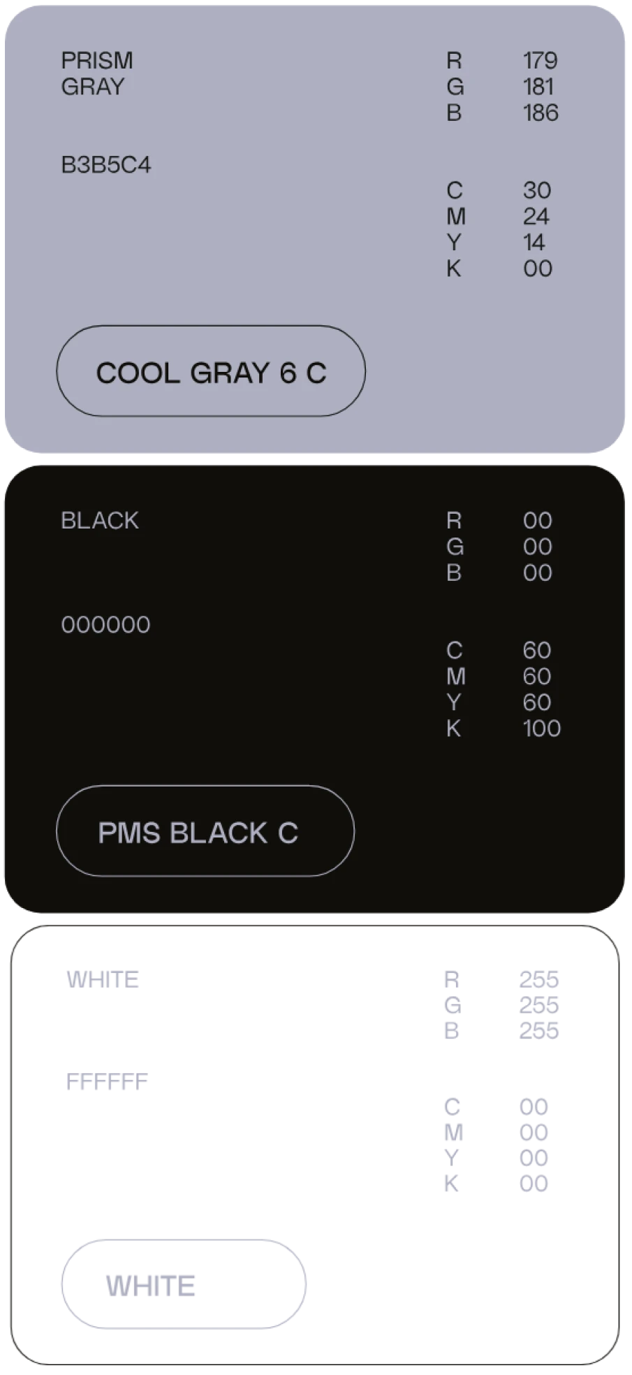 Color swatches for Cool Gray 6 C (light gray) and PMS Black C (black) with their respective RGB, HEX, and CMYK codes displayed on rectangular color backgrounds.
