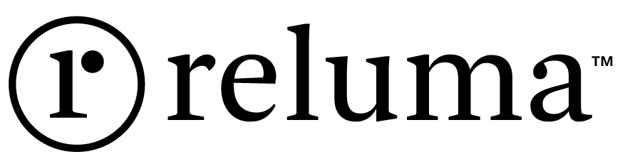 Black reluma logo with a stylized lowercase r enclosed in a circle to the left of the text, all on a transparent background.