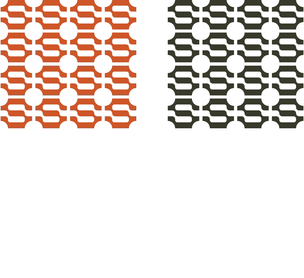Three grids of hexagon and dash patterns: top left is dark orange, top right is dark gray, and bottom center is white, all on a black background. Each grid repeats the same geometric design.