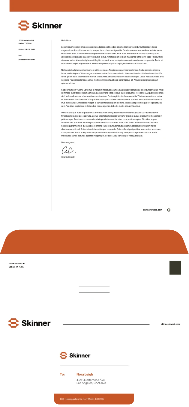 A branded stationery set for “Skinner” includes a letterhead with an orange header, a letter, an envelope, and a business card, all featuring the company logo and orange design accents on a clean white background.
