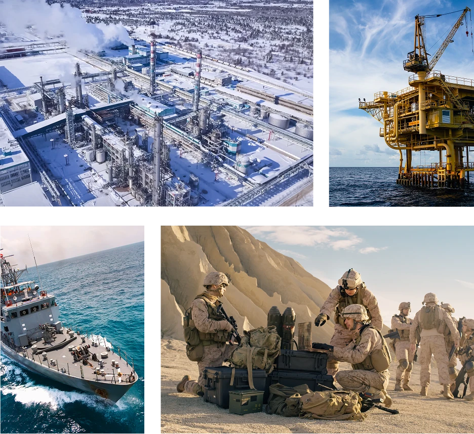 Collage of four images: an industrial facility in a snowy landscape, an offshore oil platform, a naval ship at sea, and soldiers in uniform handling equipment in a desert-like area.