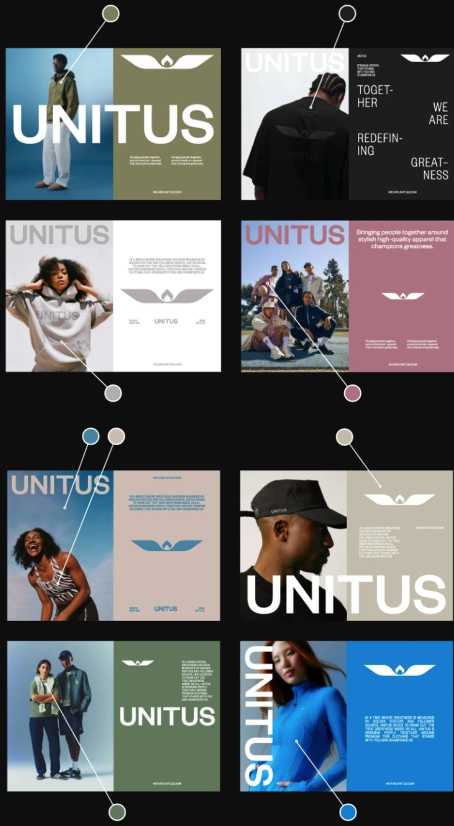 A collage of fashion brand advertisements for UNITUS featuring diverse models posing in modern casual wear, brand logos, and motivational text on backgrounds in various muted colors.