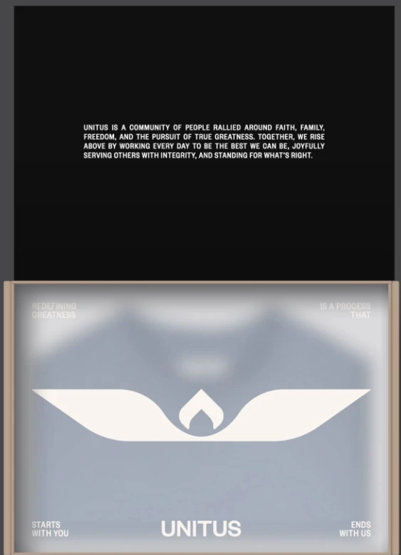 An image split in two: the top half has white text on a black background describing Unitus as a values-driven community; the bottom half features a stylized white flame and the word UNITUS with supporting text.