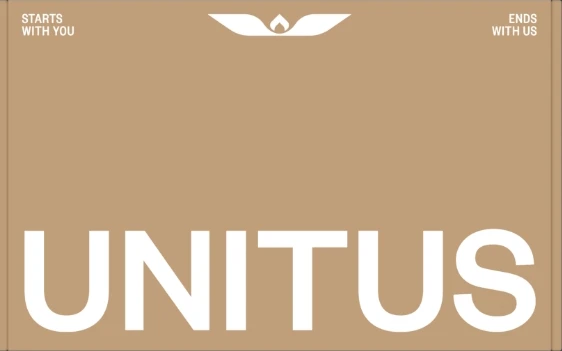 A tan background with bold white text UNITUS at the bottom. At the top, it says STARTS WITH YOU on the left and ENDS WITH US on the right, with a white abstract logo centered above.