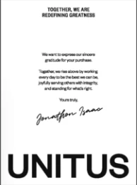 A message from Jonathan Isaac appears on a white background, expressing gratitude for a purchase and emphasizing integrity and serving others. The bold word UNITUS is at the bottom.