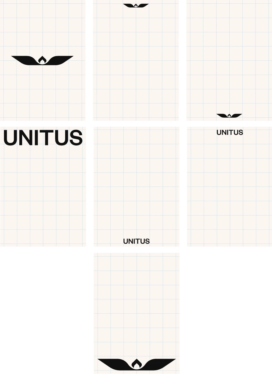 A grid showing different layouts of the UNITUS logo and symbol in black on a white background, with the word UNITUS in various sizes and positions above, below, or beside the winged symbol.