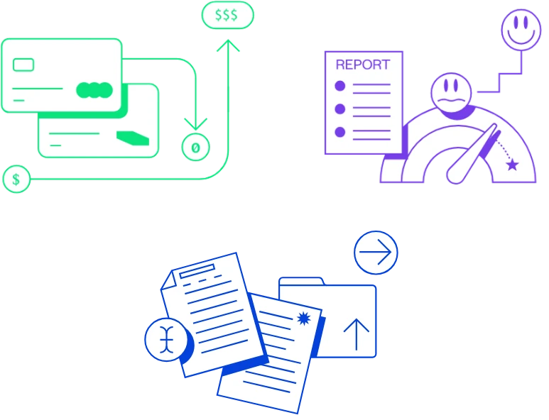 Three illustrations: credit cards with dollar signs and arrows, a report with a satisfaction gauge, and a stack of documents with upload and approval symbols.