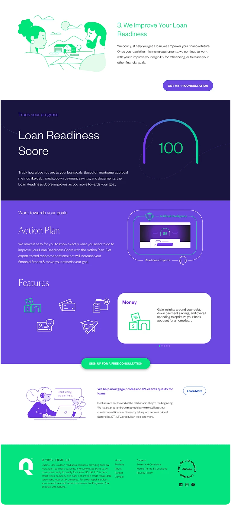 A modern website page displays a loan readiness score, action plan, key features, and a call-to-action for a free consultation, using green, purple, and white colors with business and finance-themed illustrations.