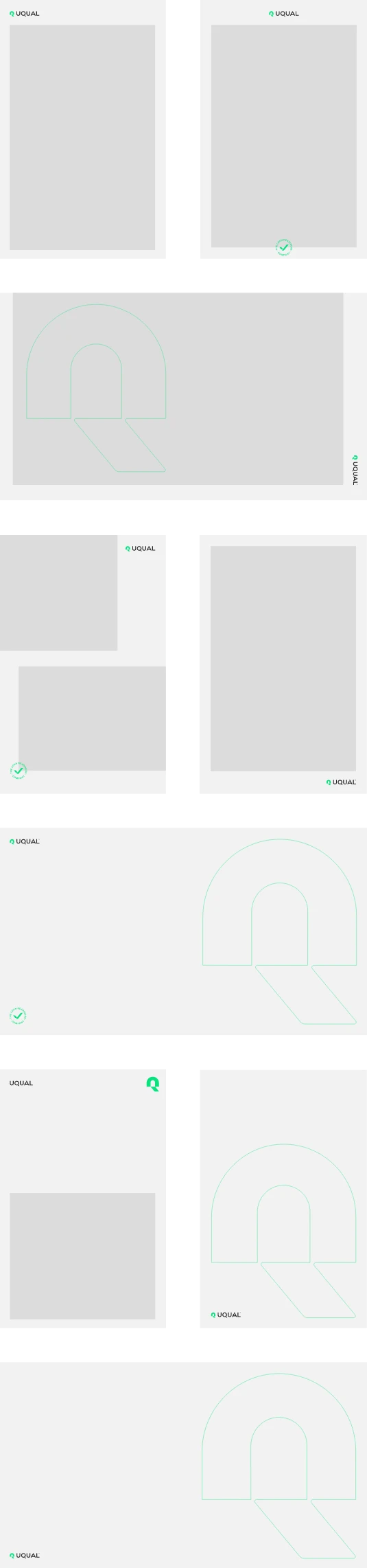 A series of webpage layout wireframes, each showing a combination of grey rectangles for images and simple green outline illustrations of an arched tunnel, arranged in different positions on white backgrounds.