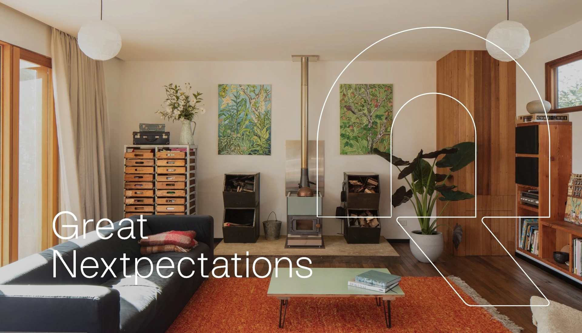 A modern living room with a black sofa, green coffee table, red rug, wood stove, plants, wooden shelves, and art on the walls. Overlay text reads Great Nextexpectations with abstract line graphics.