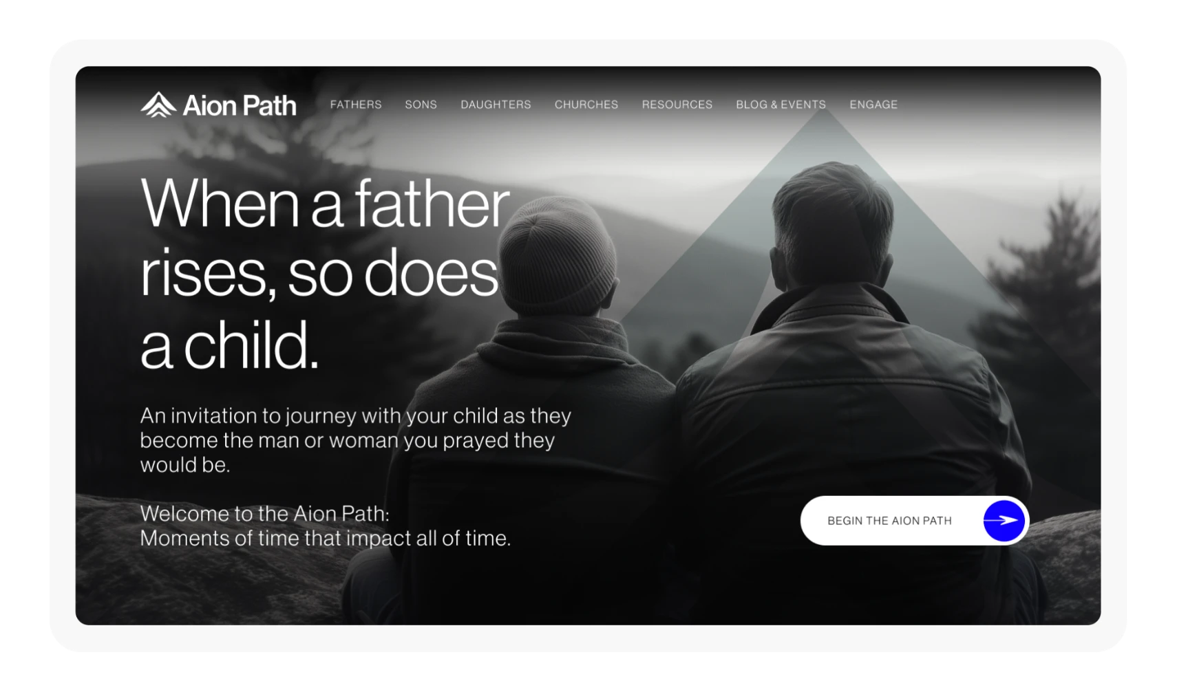 Two people sit side by side on a bench overlooking mountains, viewed from behind. The text reads: When a father rises, so does a child and includes an invitation to join the Aion Path, with a button to begin the journey.