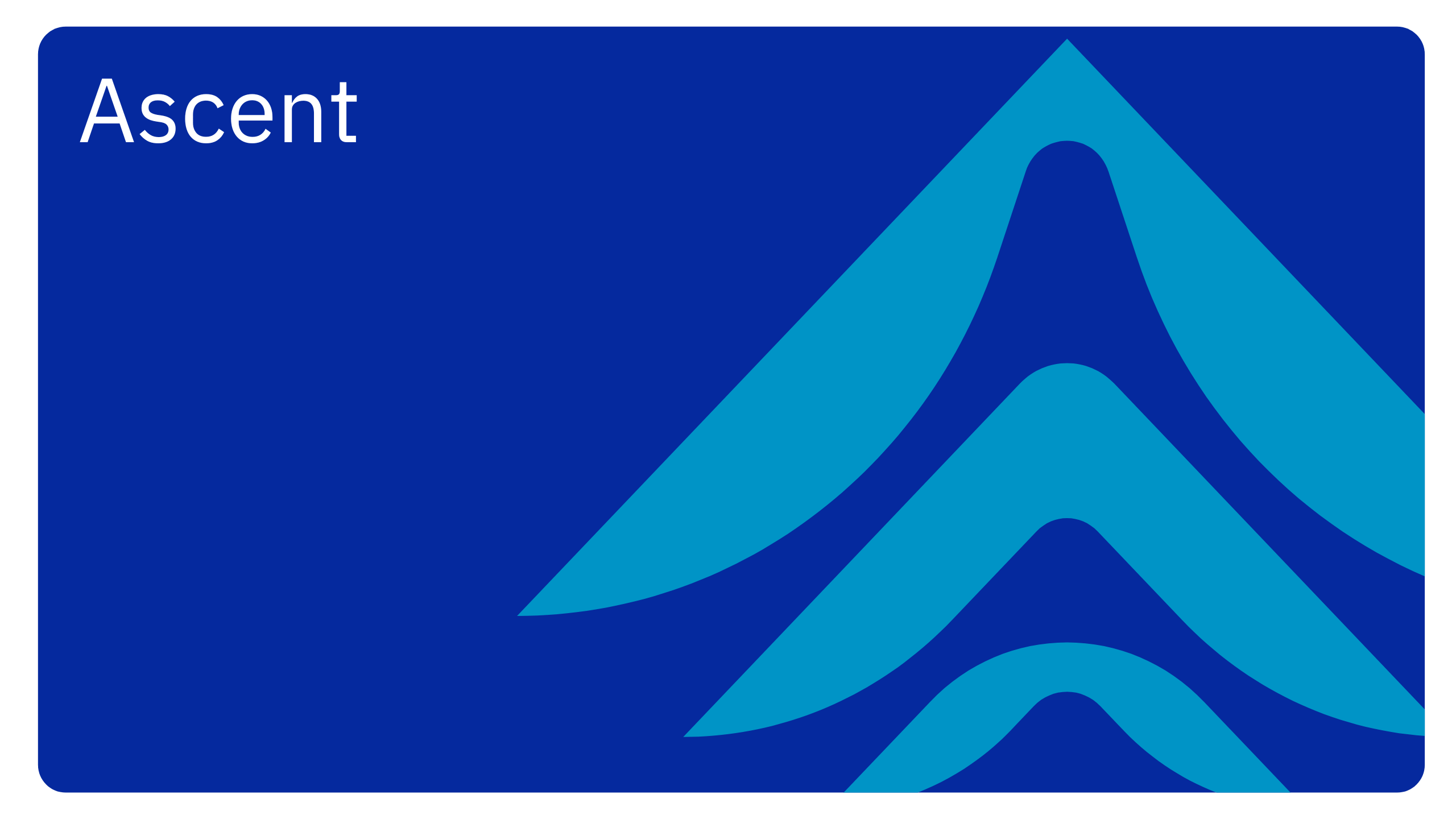 Blue rectangular card with the word Ascent in white text at the top left and three overlapping turquoise upward arrow shapes on the right side.