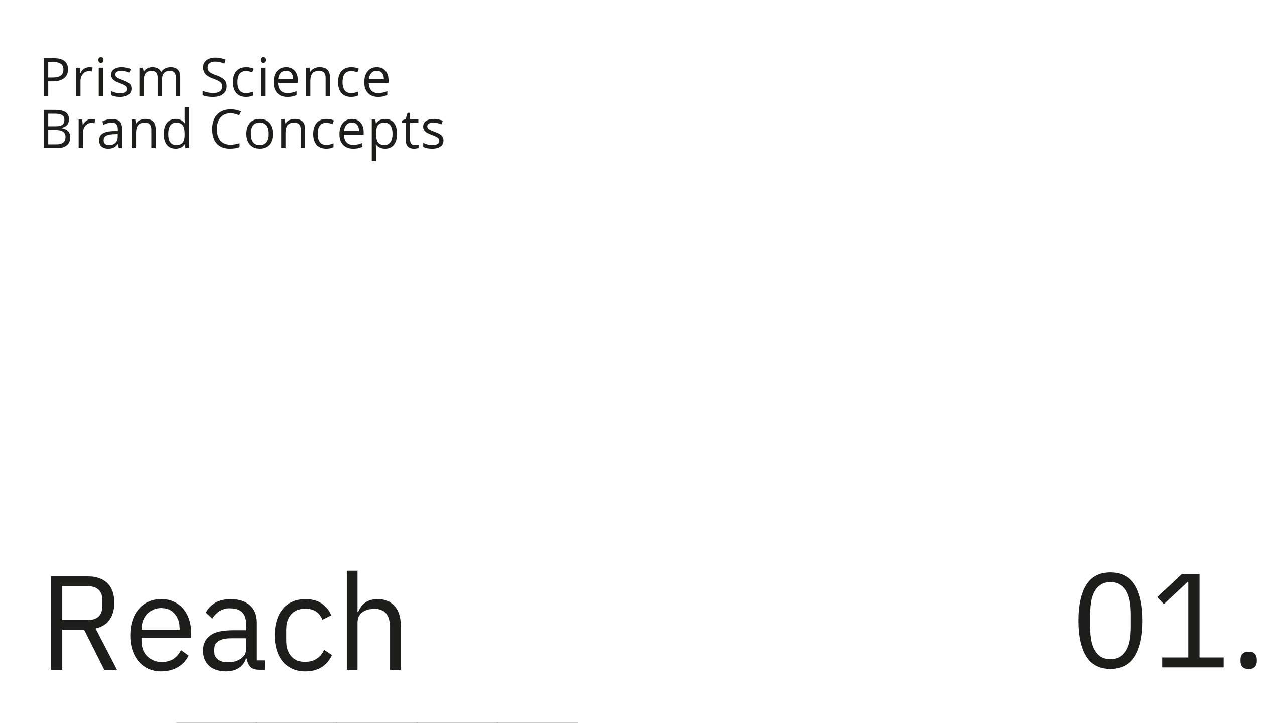 White slide with black text reading “Prism Science Brand Concepts” in the top left corner and “Reach 01.” in large font at the bottom. The design is minimal and uses ample white space.