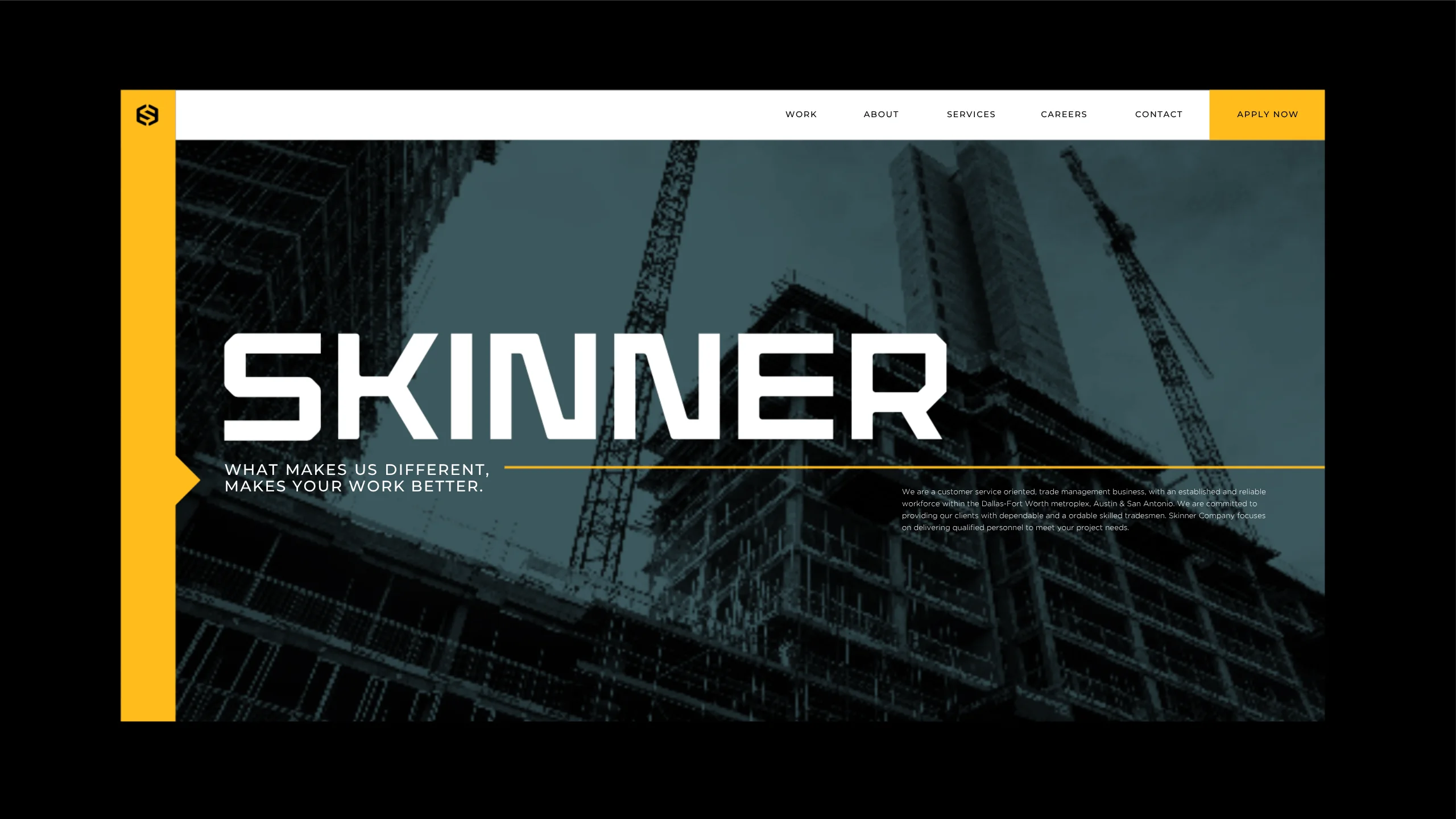 A website homepage for “Skinner” features a large background image of construction cranes and buildings, bold “SKINNER” text in white, and a navigation bar with links and an “Apply Now” button.