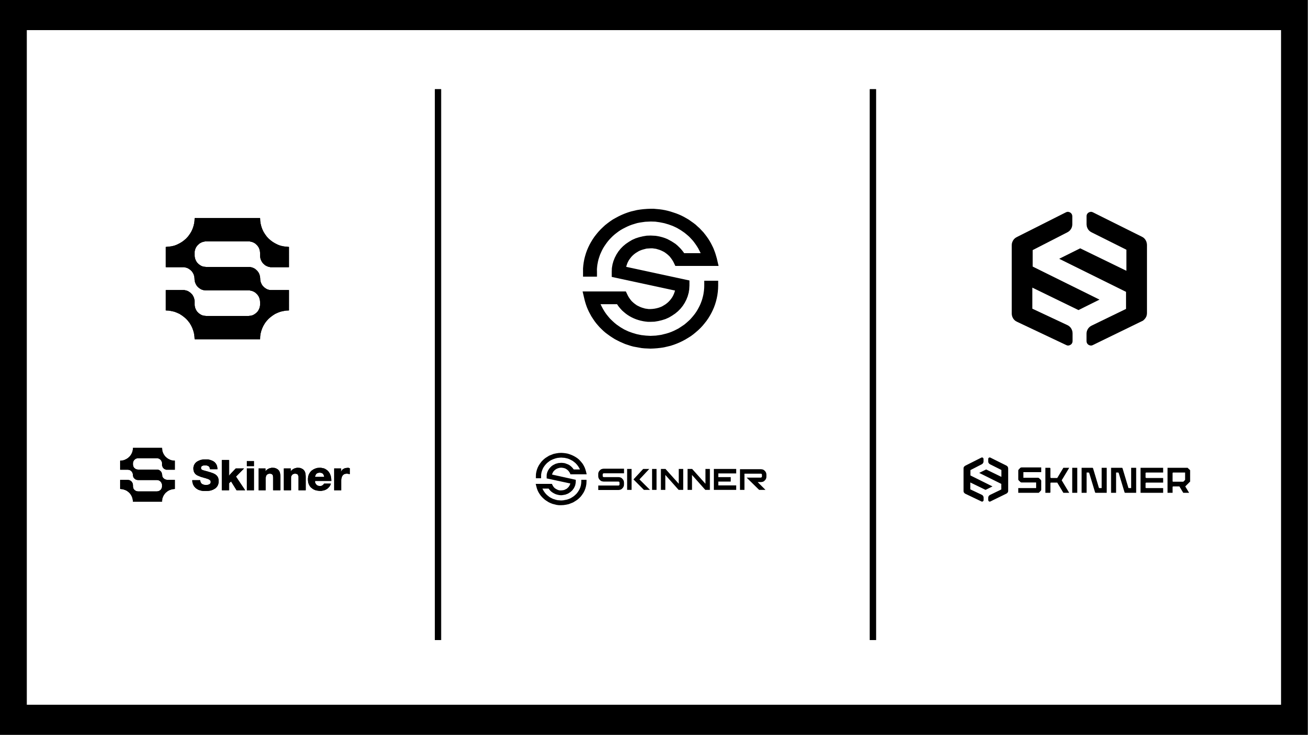Three black and white Skinner logo designs, each with a unique S symbol above the word Skinner in a different font, separated by vertical lines on a white background.