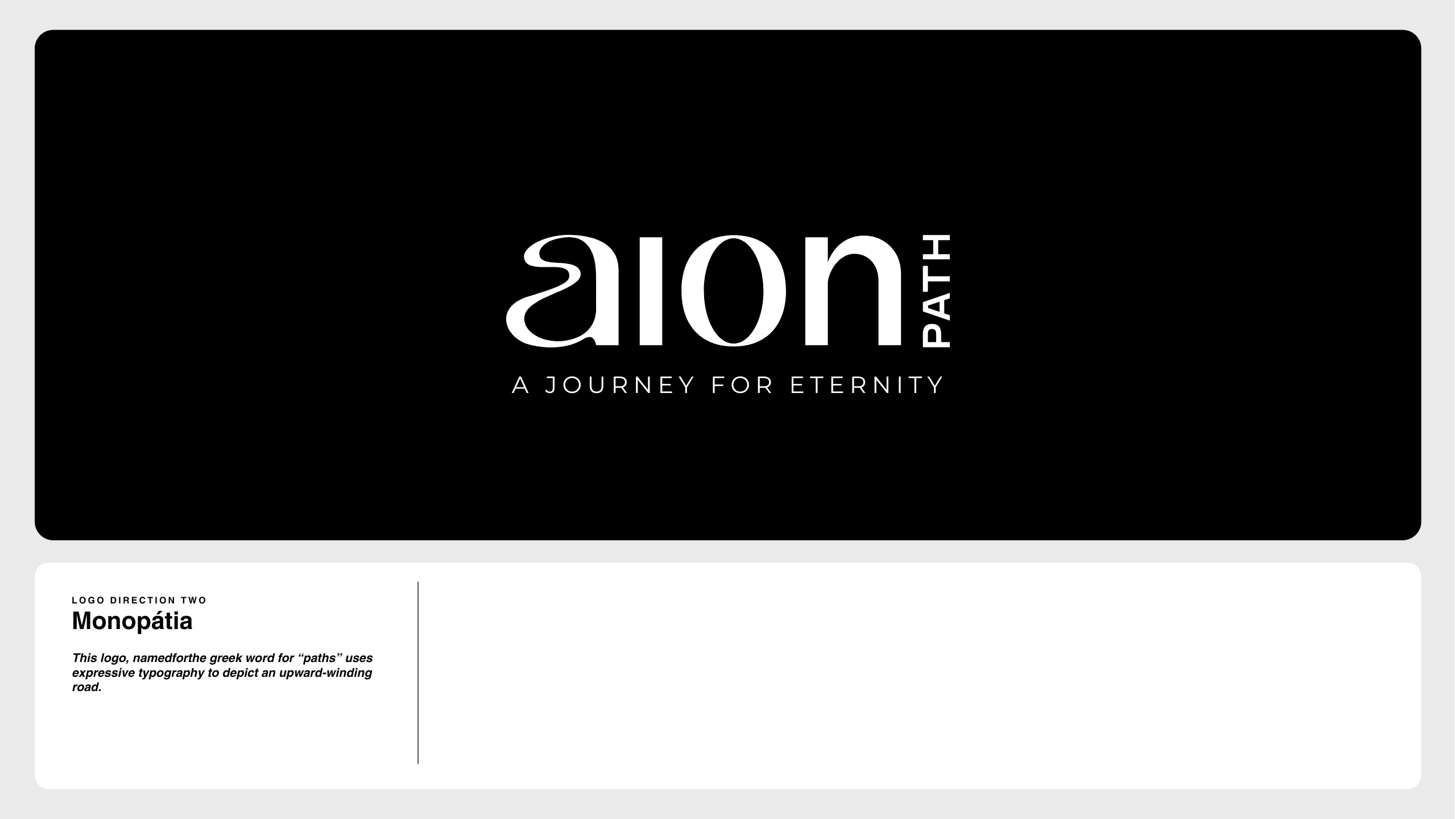 A black and white graphic displays the logo aion PATH with the tagline A JOURNEY FOR ETERNITY. Below, text describes the logo concept, mentioning expressive typography and the use of the Greek word monopatia.