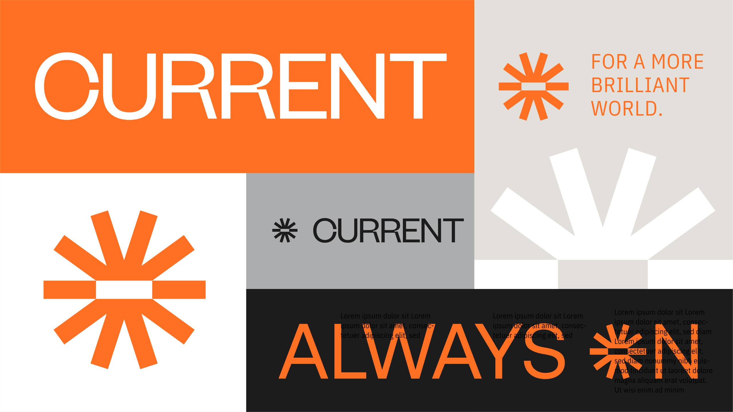 A graphic collage featuring the word CURRENT in bold orange and white text, asterisk-like orange symbols, and phrases like FOR A MORE BRILLIANT WORLD and ALWAYS ON in black, orange, and gray color blocks.