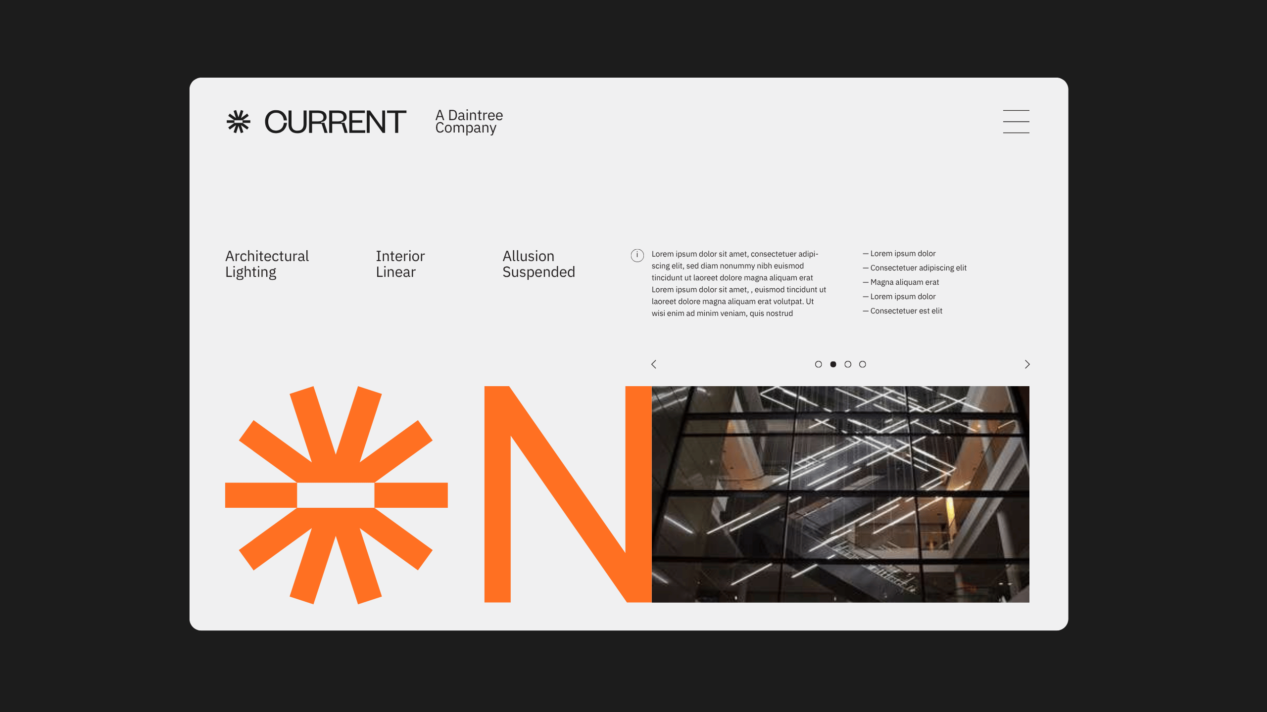 A modern website interface for a lighting company called CURRENT, featuring a navigation menu, large orange logo graphic, product categories, and a photo of ceiling lights displayed on a dark background.
