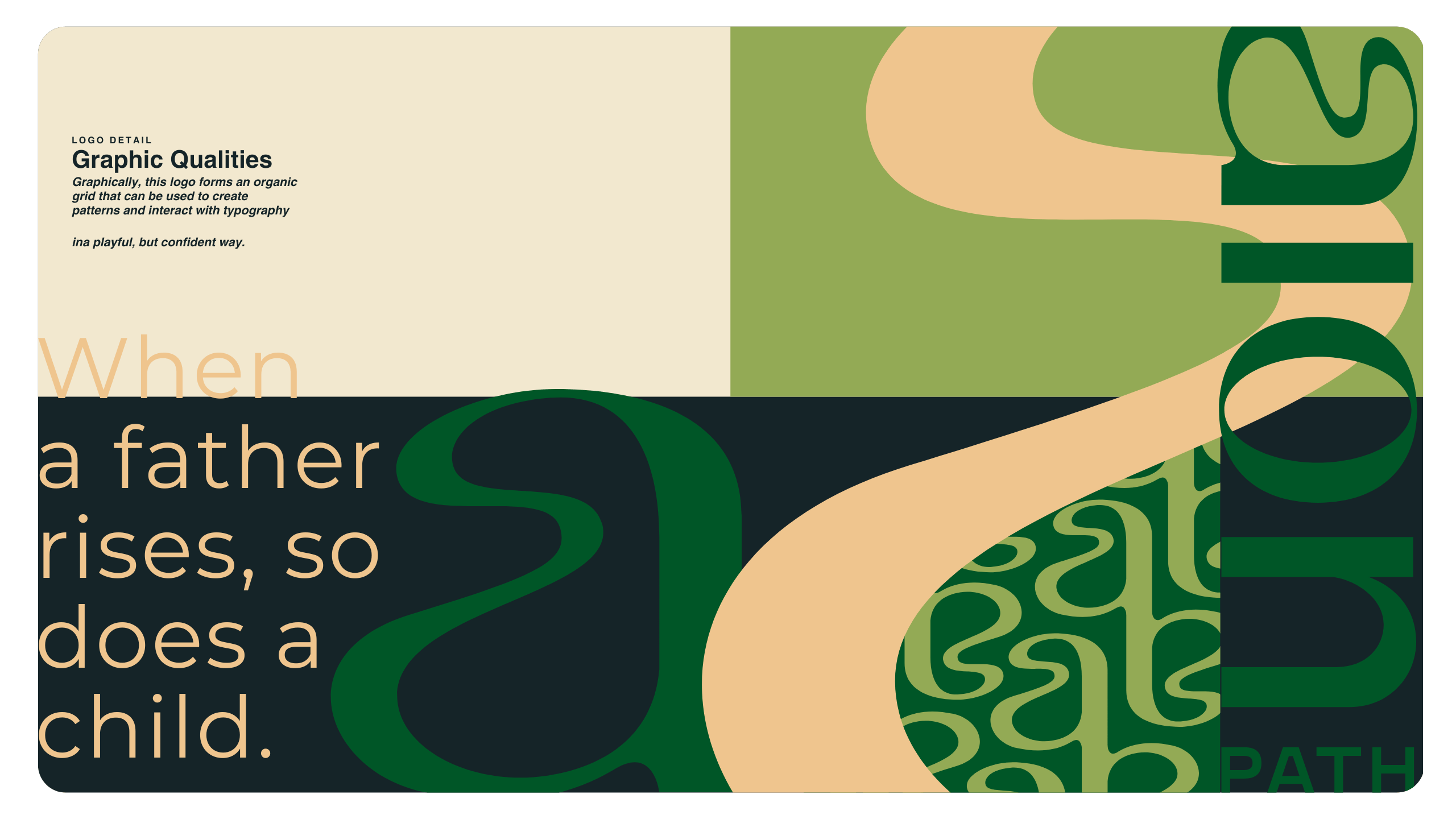 A modern graphic with organic shapes in green, beige, and black tones. Text reads: When a father rises, so does a child. and Graphic Qualities: Graphically, this logo forms an organic grid... Abstract lines and large text are integrated throughout.