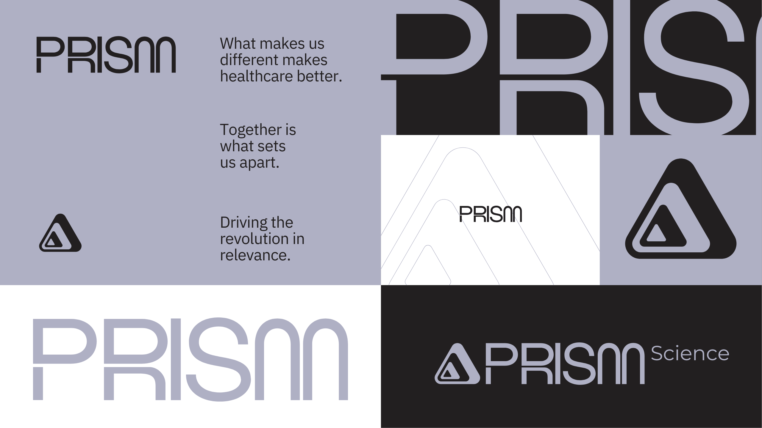 A collage with the word “PRISM,” a triangle logo, and phrases: “What makes us different makes healthcare better,” “Together is what sets us apart,” and “Driving the revolution in relevance.” Colors: gray, black, white.