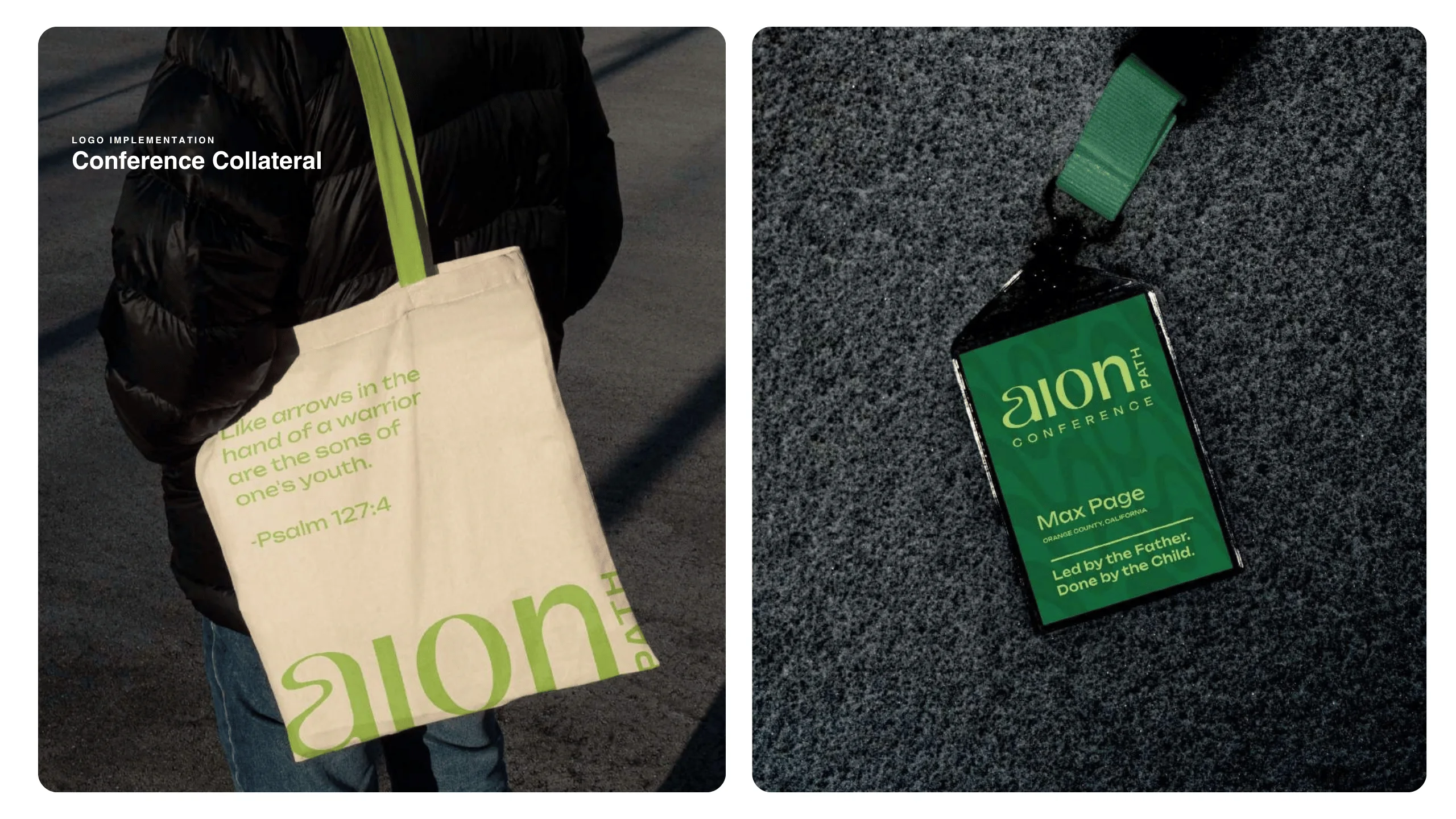 A person carries a tote bag with green “Zion Conference” branding and a Bible verse. Beside it, a close-up shows a green and black conference name badge with the same branding and the name “Max Page.”.