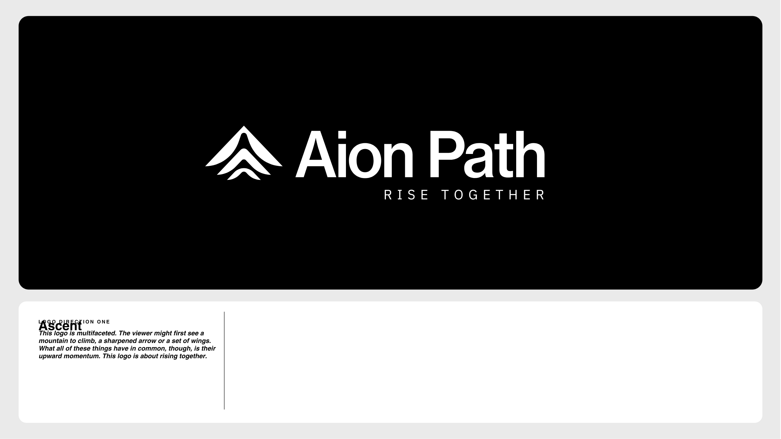 A black rectangle with the white logo and text Aion Path RISE TOGETHER. The logo features three upward lines resembling a stylized mountain. Below, there is an explanation of the logo design in smaller text.