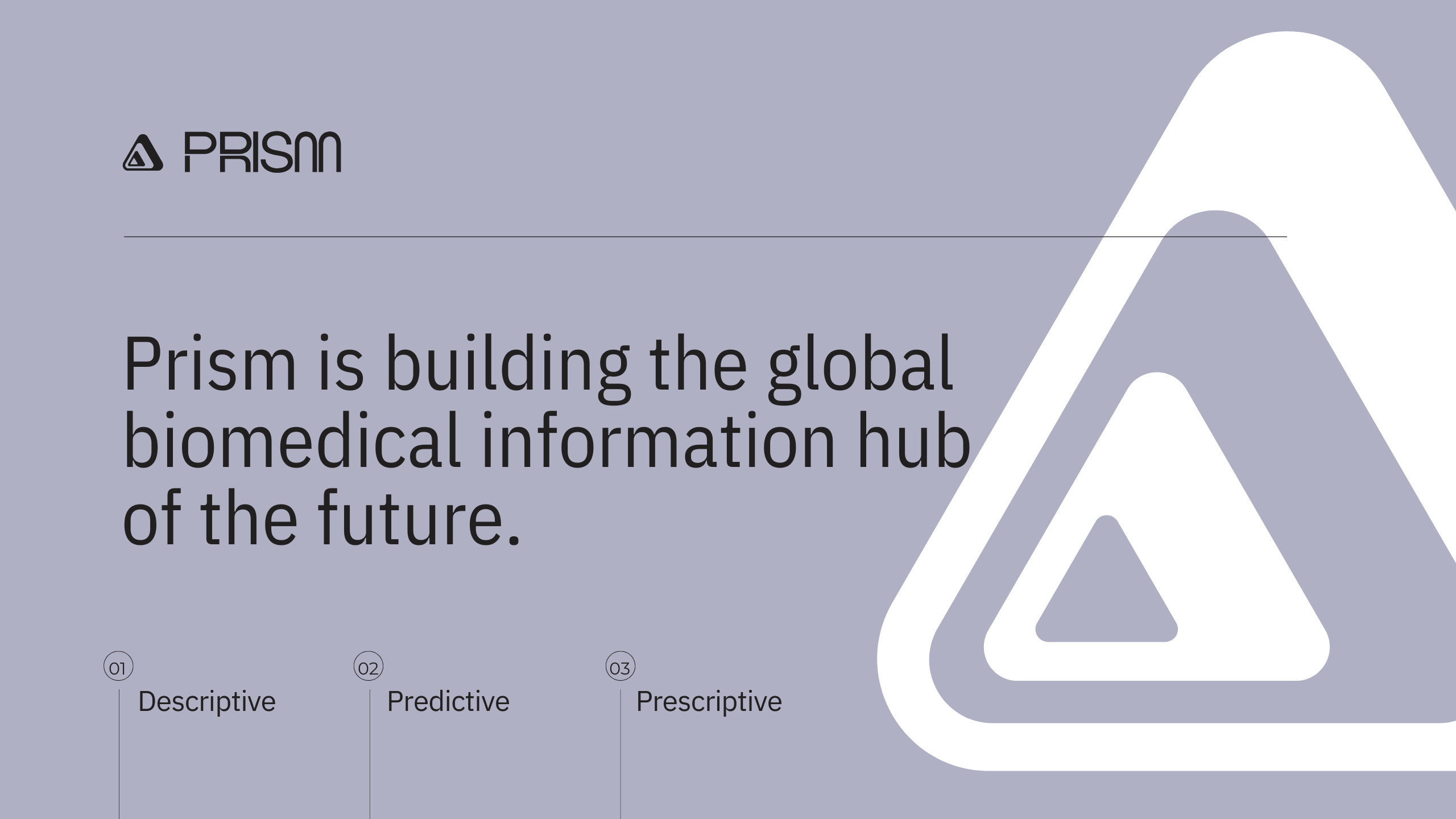 PRISM logo and text stating Prism is building the global biomedical information hub of the future with a large stylized triangle graphic on a purple background. Three labeled sections: Descriptive, Predictive, Prescriptive.