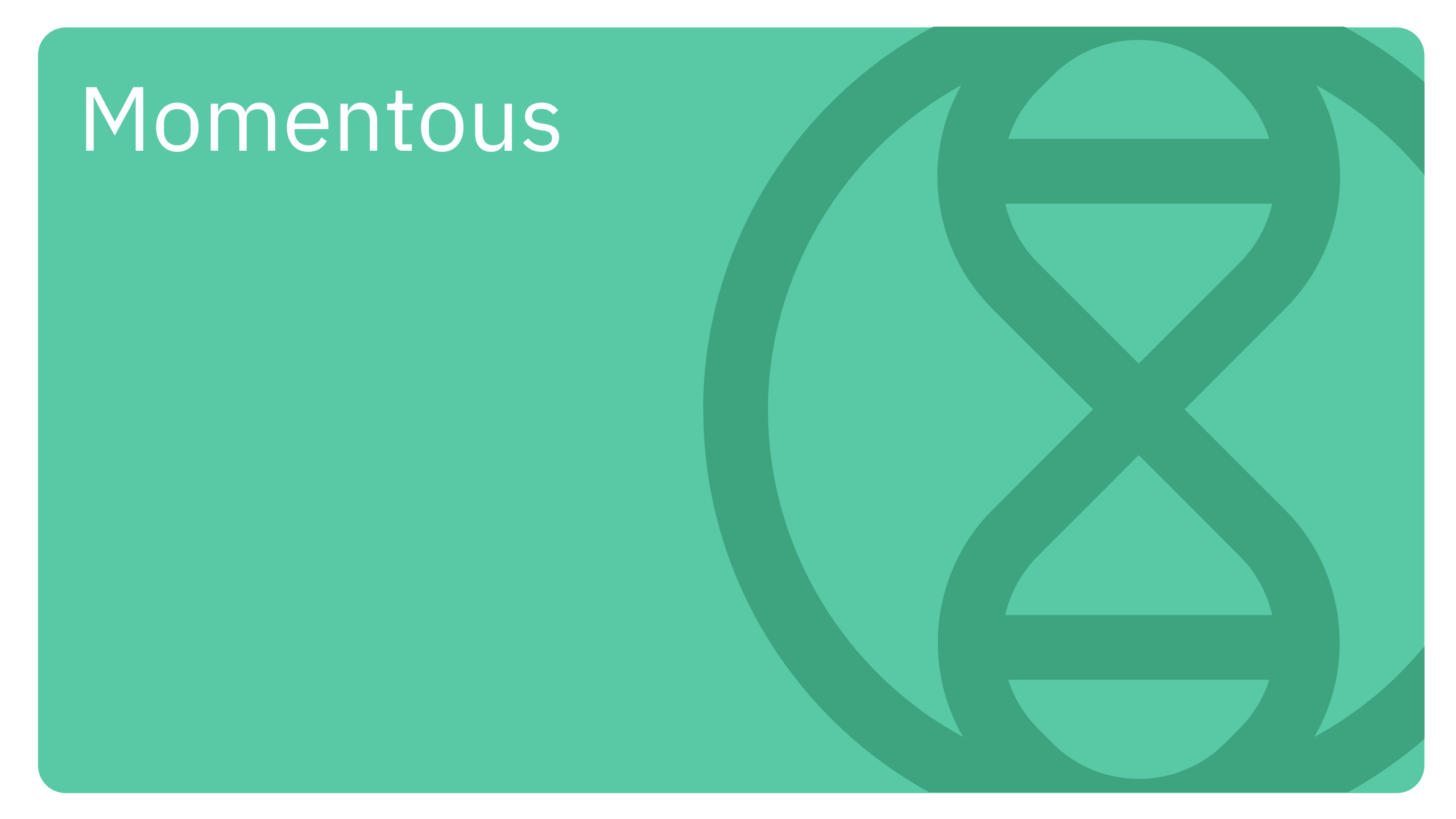A green rectangle with rounded corners features the word Momentous in white text at the top left and a large, partially visible DNA double helix symbol on the right side.
