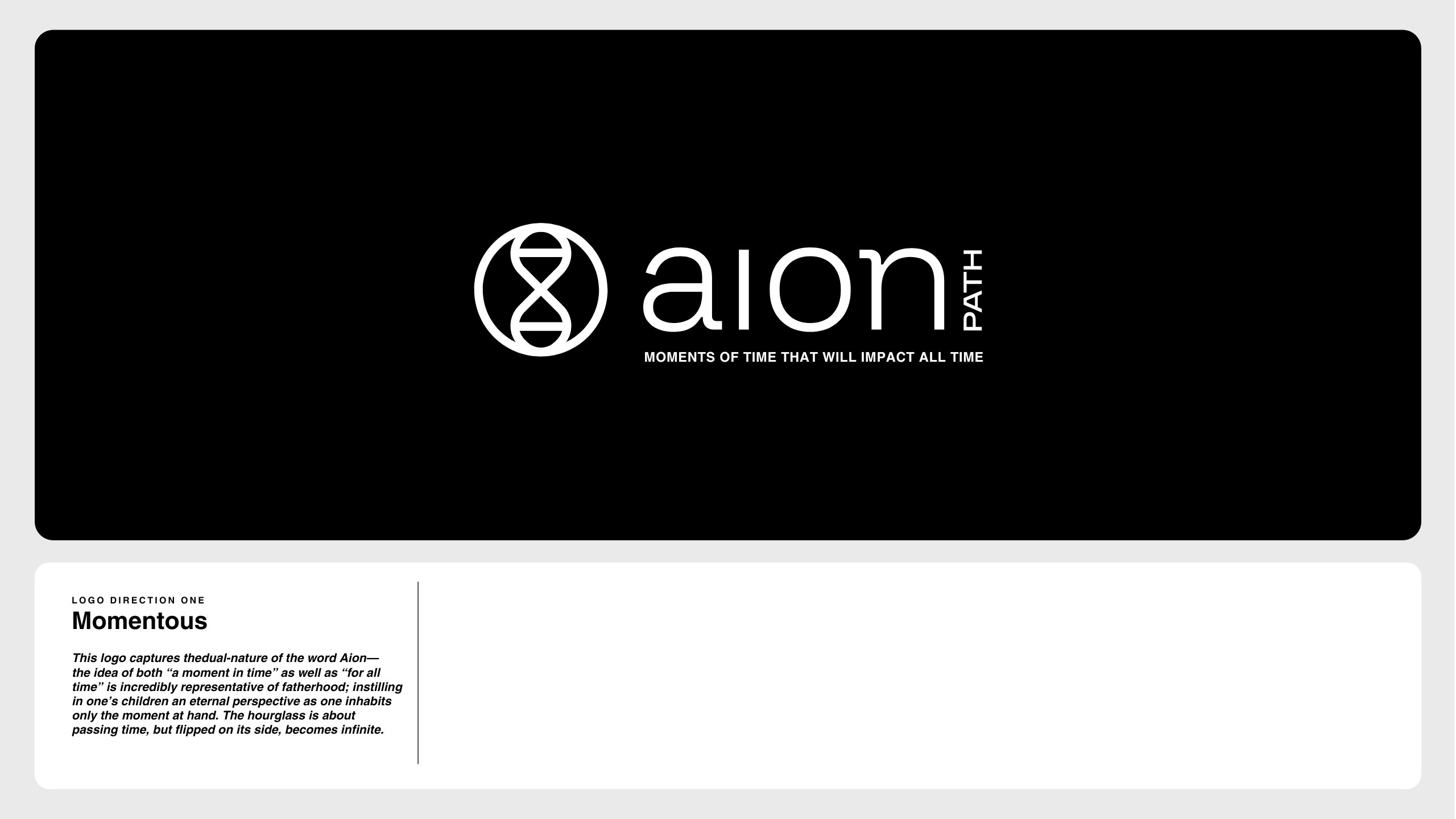 A black and white branding design featuring the aion PATH logo with a DNA-like symbol and the tagline Moments of time that will impact all time. Below is a section explaining the logos concept and significance.