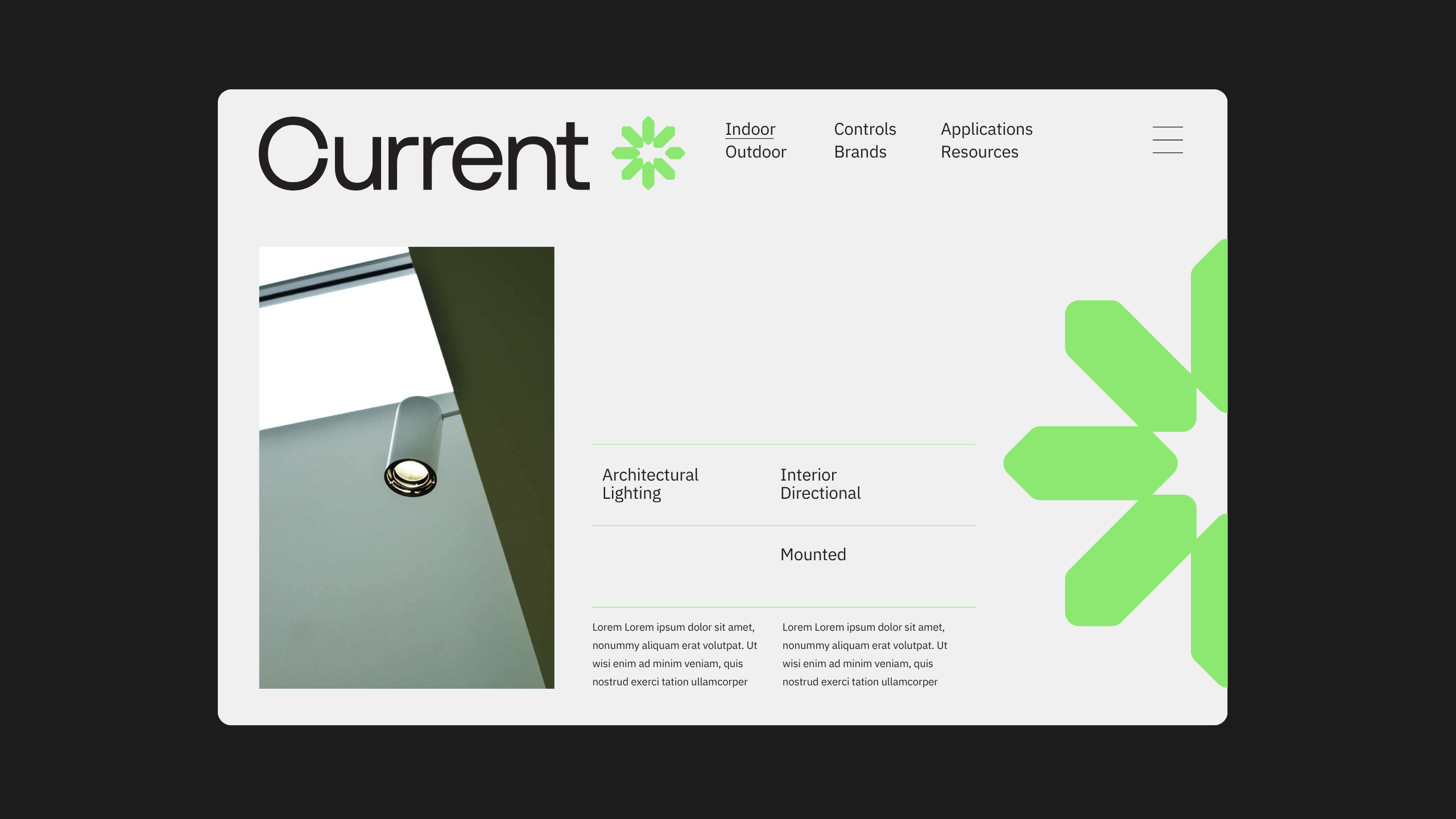 A website mockup features a green flower logo, navigation links, and a photo of a ceiling light. Text sections read Architectural Lighting and Interior Directional. A large green graphic decorates the right side.