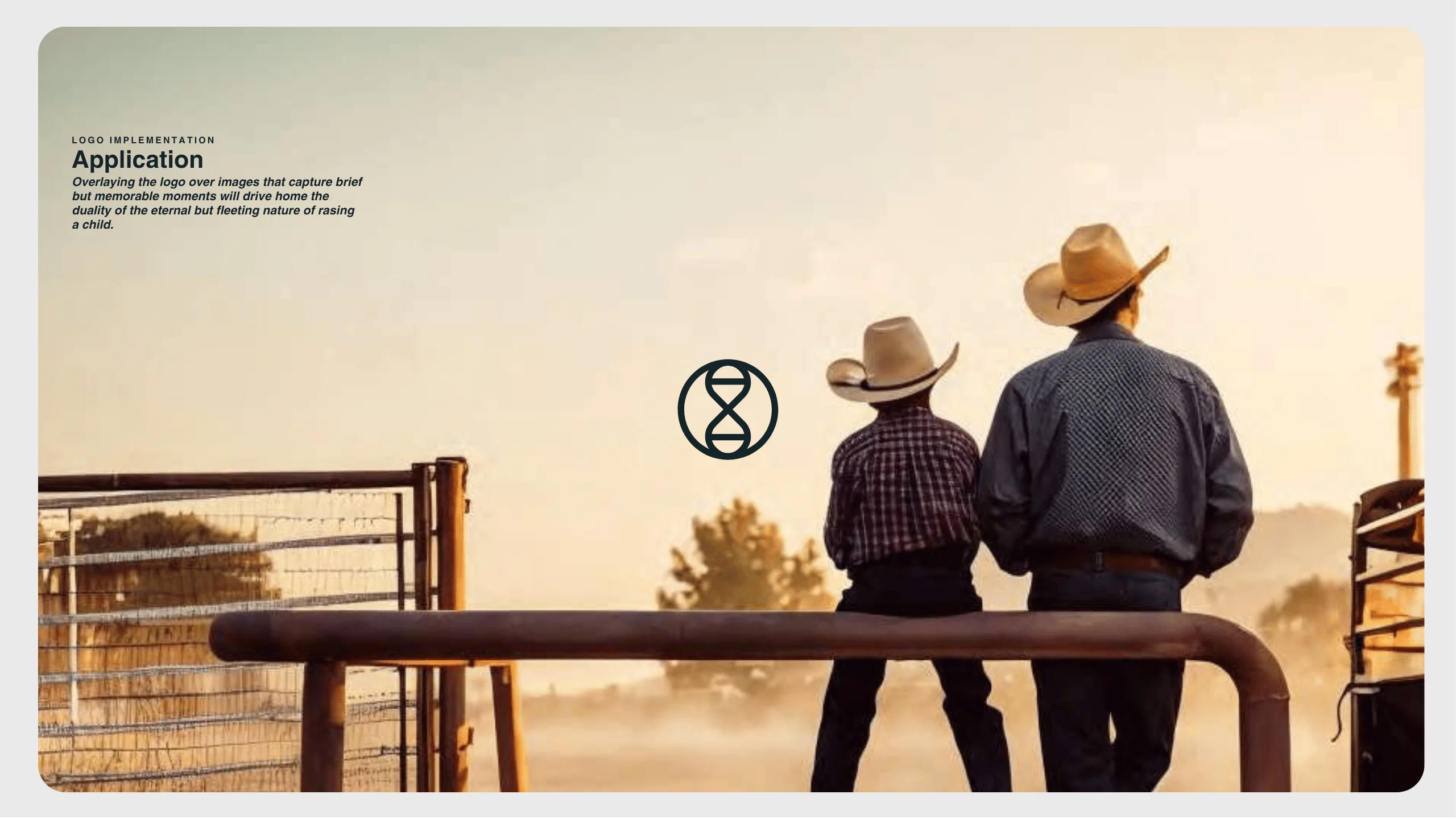 Two people in cowboy hats, one adult and one child, stand side by side at a ranch fence, looking out over a sunlit, dusty landscape. A logo and text appear on the left side of the image.