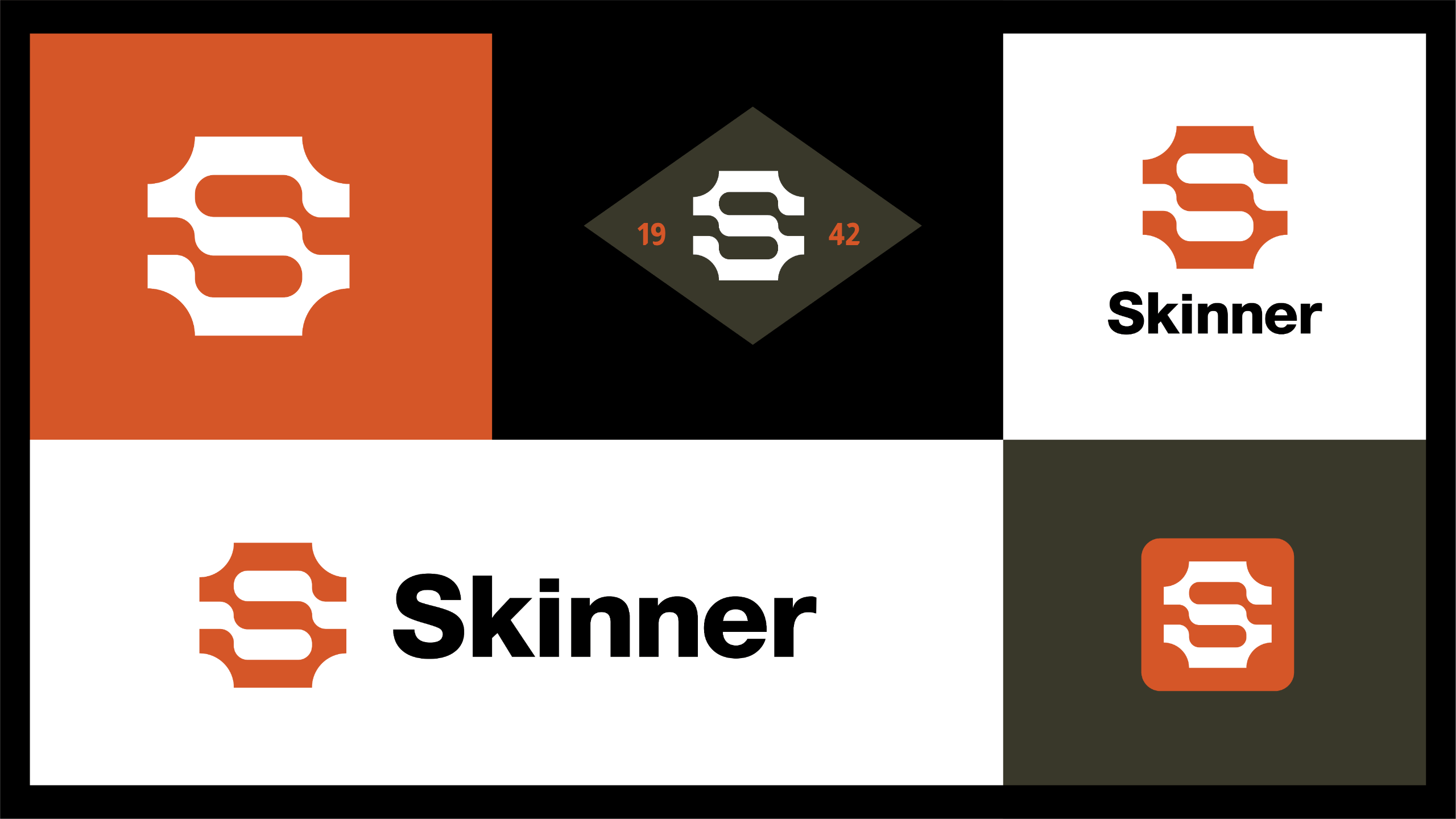 Various logo designs for Skinner, featuring a stylized white S in an orange or dark background, with Skinner in black text. One version includes the year 1942.