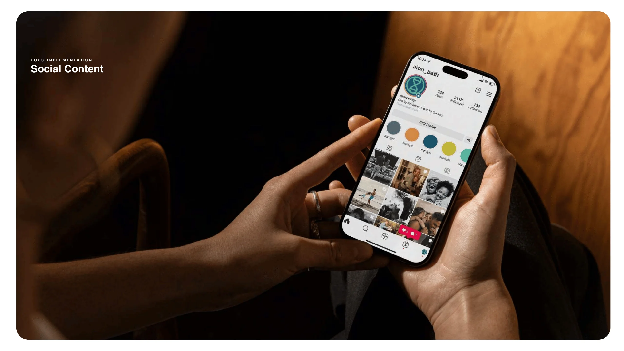 A person holds a smartphone, browsing an Instagram profile with various photos and colored highlight covers. The screen is well-lit, while the surroundings are dimly lit. The words Social Content appear in the top left corner.