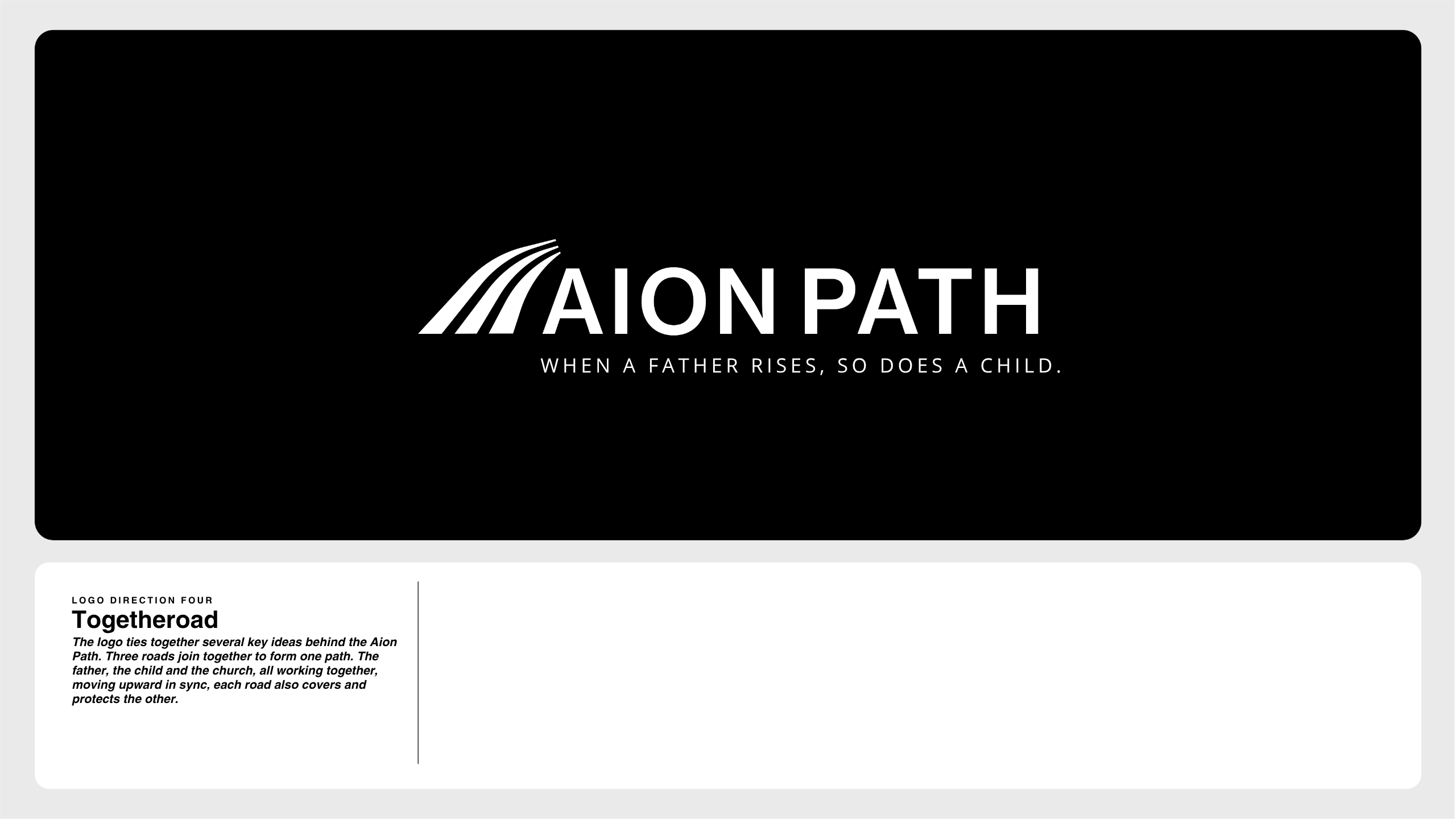 A logo for AION PATH with three upward white lines and the tagline When a father rises, so does a child. Below is an explanation titled Togetherroad about the logo symbolizing journey and togetherness.