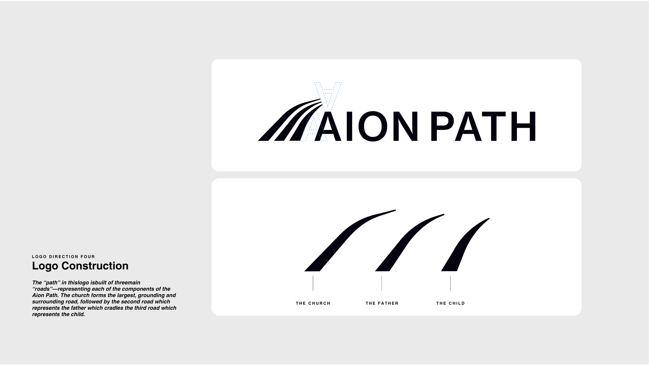 Logo design for Aion Path featuring three curved black lines forming a road leading to a stylized letter A. Below, diagram shows each line labeled as The Church, The Father, and The Child.