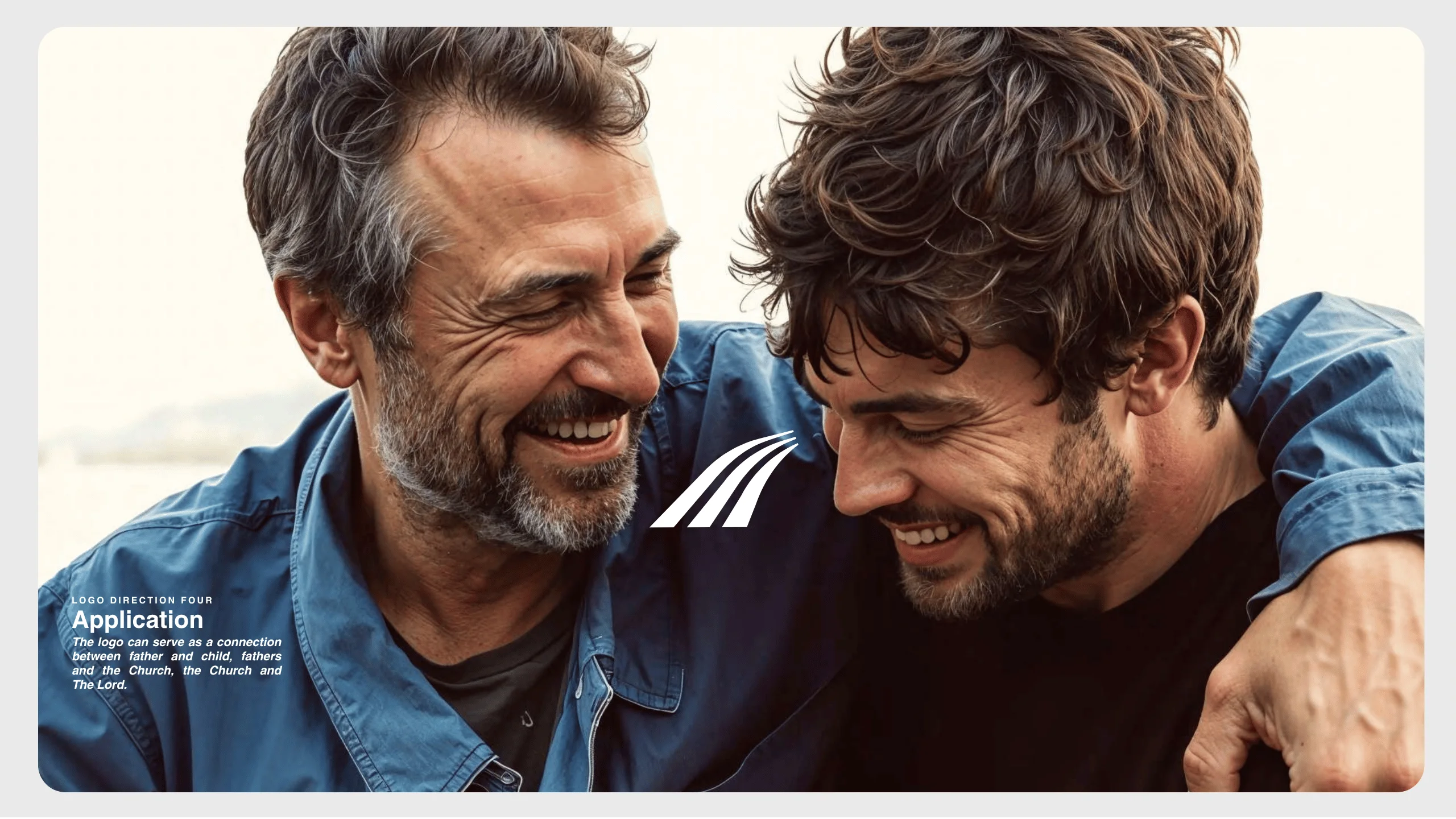 Two men, one older and one younger, smile warmly and embrace each other. They appear happy and close. Text on the image mentions Application and references father-child and church relationships.
