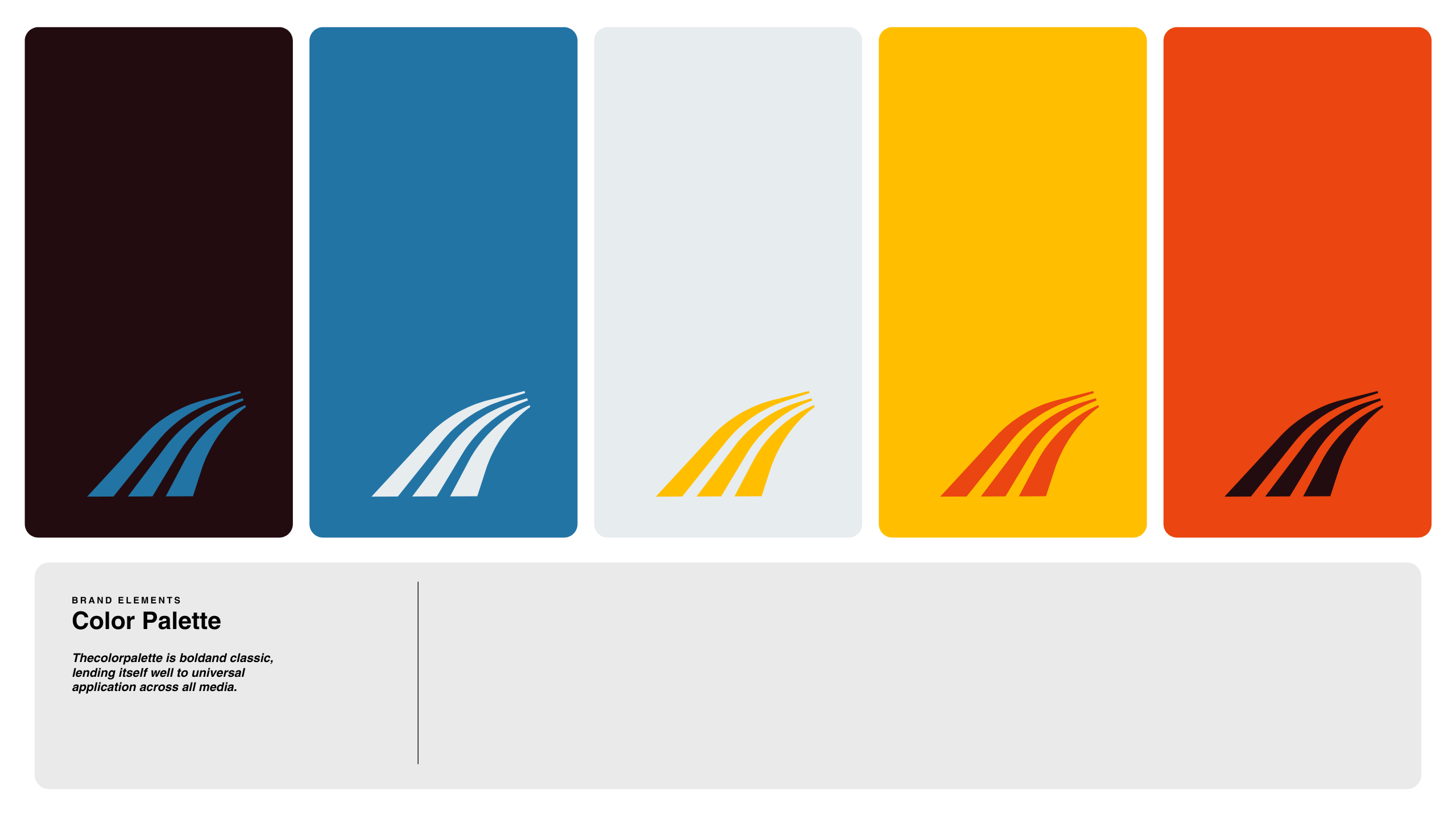 Five rectangular color swatches—dark brown, blue, light gray, yellow, and orange—each featuring a stylized triple-stripe logo in white, yellow, red, or black, labeled as a brand color palette.