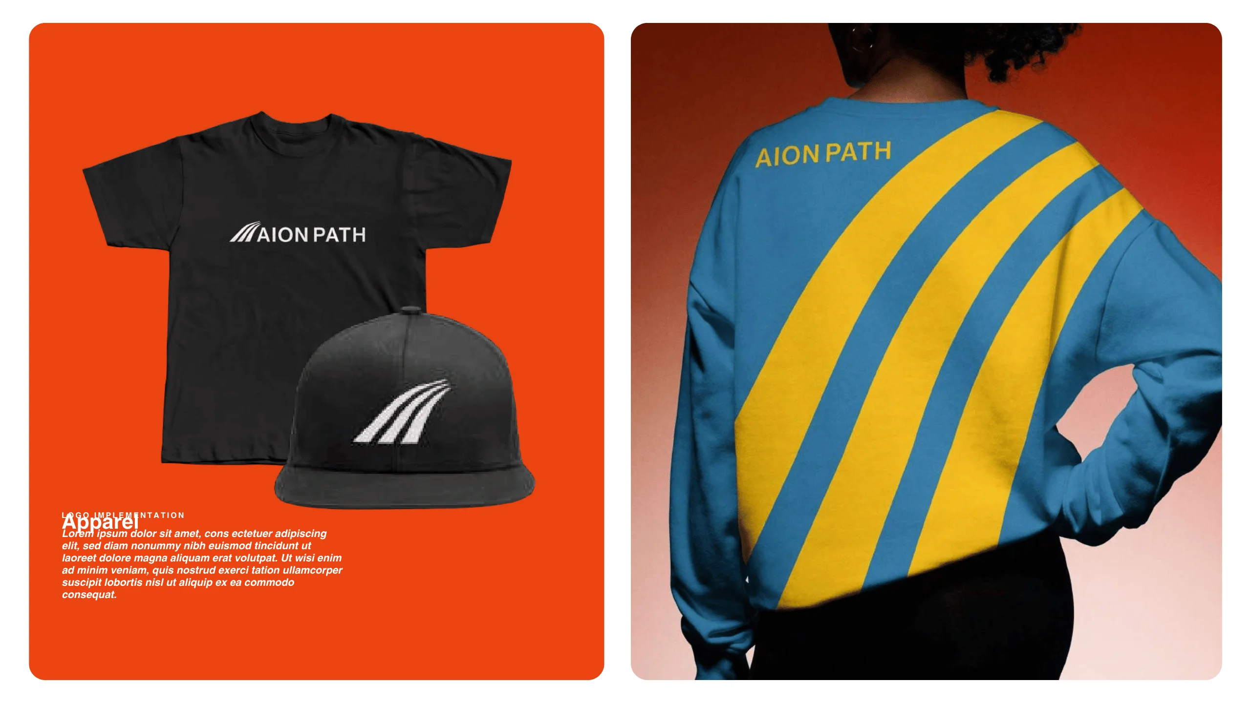 A black t-shirt and cap with the AION PATH logo are on the left, while a person on the right wears a blue sweater with large yellow diagonal stripes and AION PATH printed on the back.