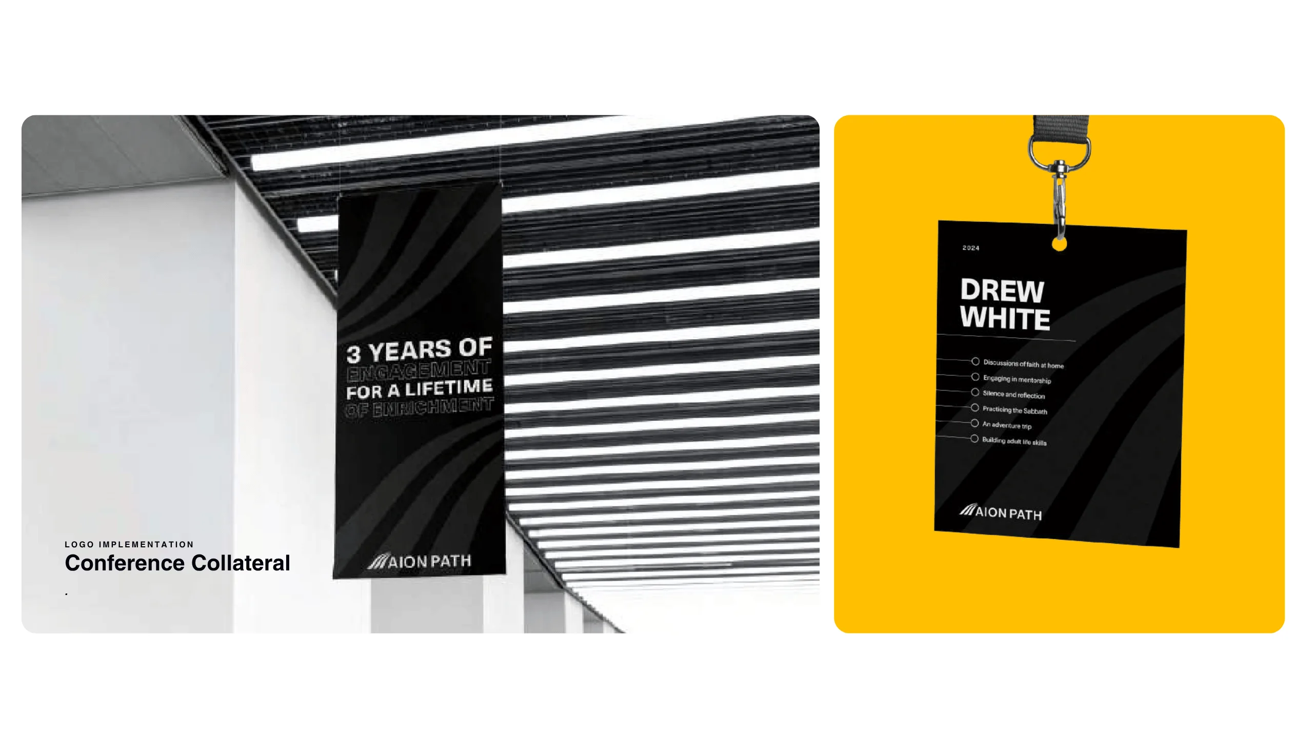 Two conference collateral items: a large black hanging banner with bold white text reading 3 Years Of... and a black square badge with the name Drew White and a lanyard, both featuring a modern design.