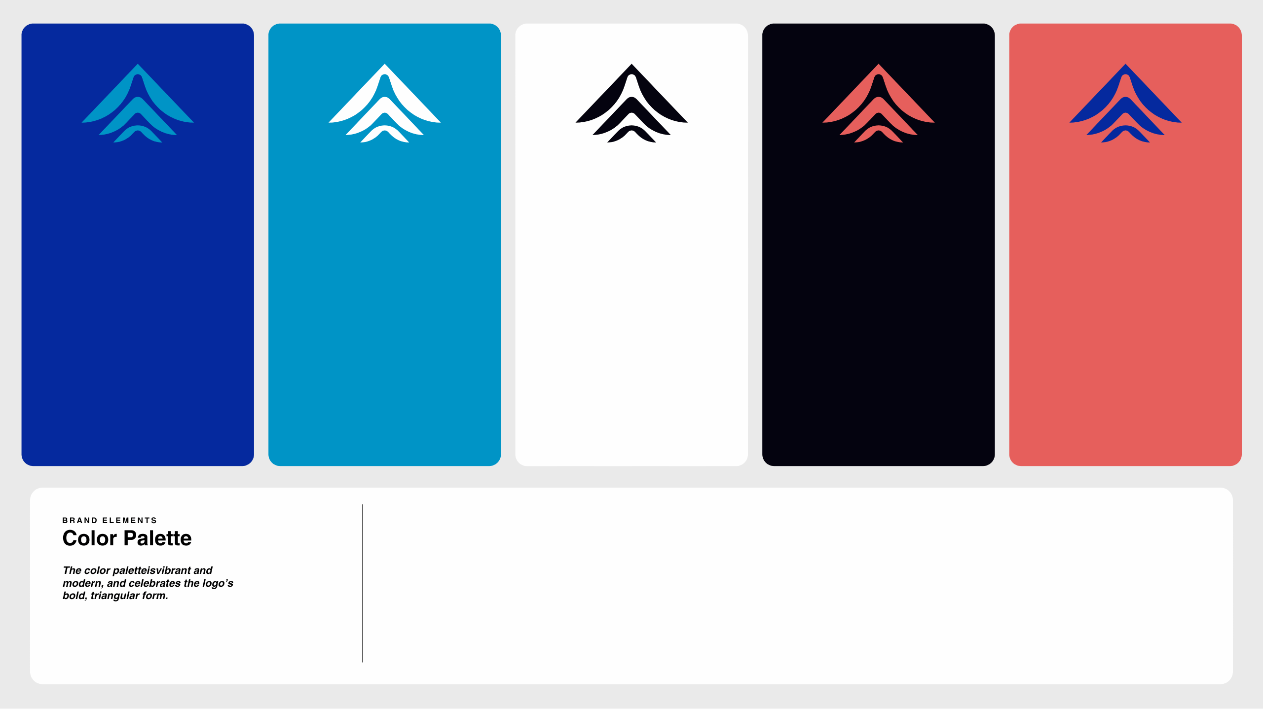 Five vertical rectangles show a blue, light blue, white, black, and red color palette, each with a stylized upward arrow logo. Text below reads: Color Palette and describes the bold, modern brand aesthetic.