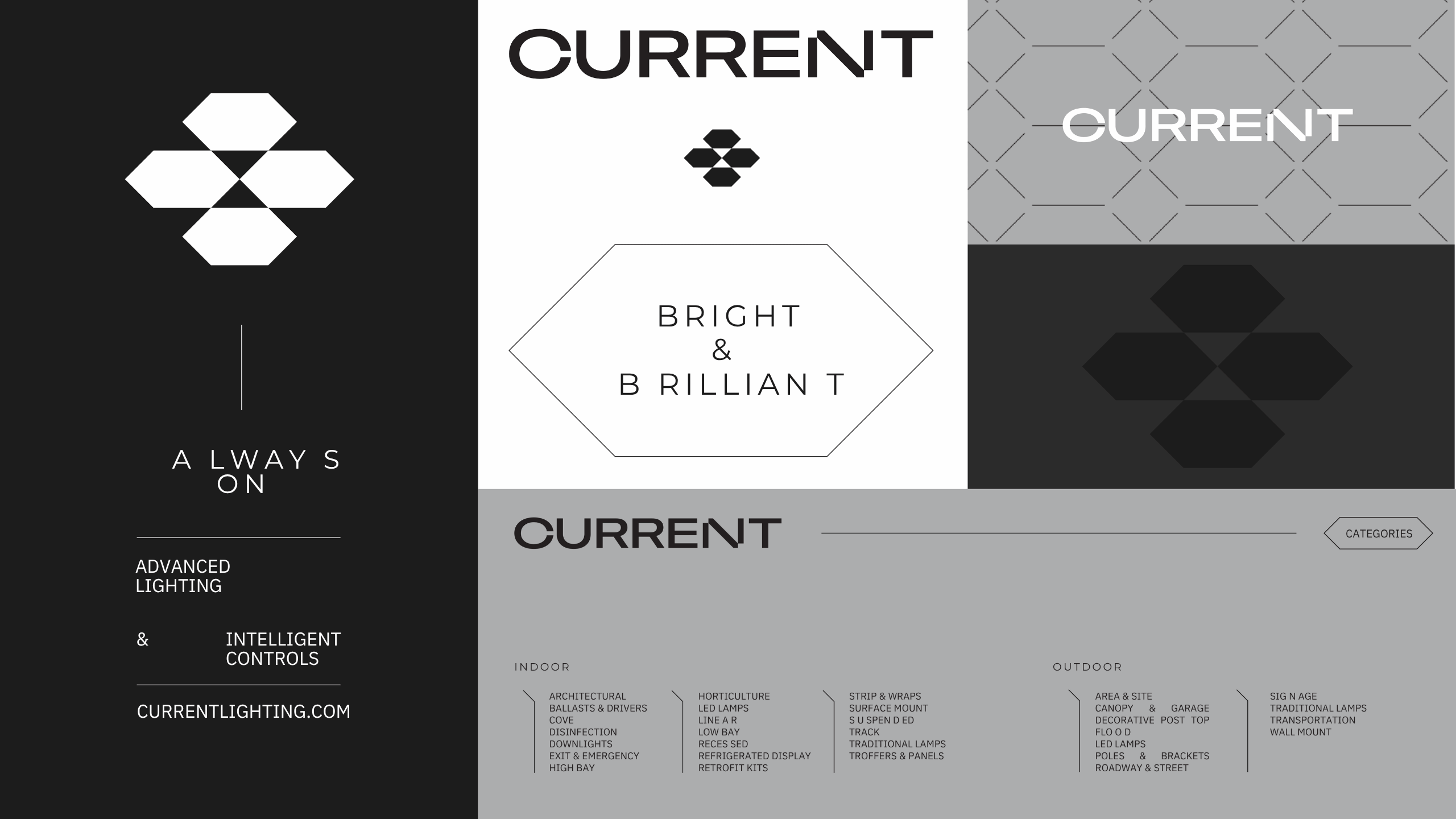 A modern, monochrome website layout for “Current” lighting features geometric hexagon logos, bold sans-serif fonts, and menus listing indoor and outdoor lighting categories. The design uses black, white, and gray sections.