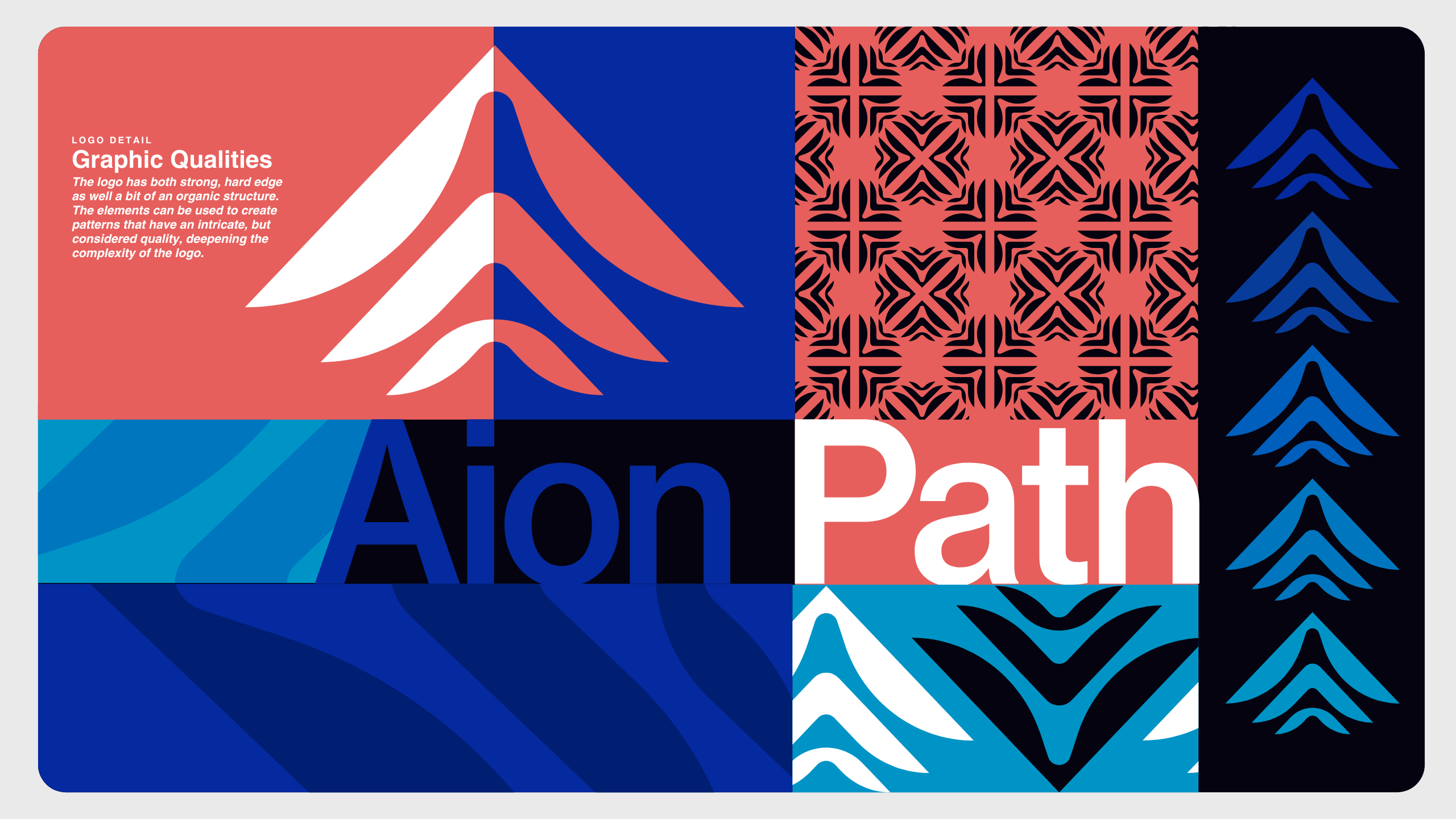 A colorful graphic features geometric arrow patterns in coral, blue, black, and white, with the words Aion Path and a description about the logos graphic qualities in the top left corner.
