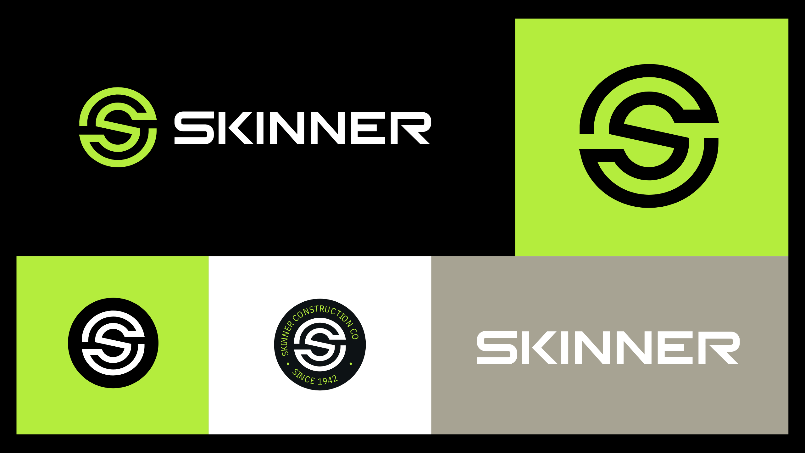 A modern logo design for Skinner, featuring a bold, stylized S in a circular shape and the word SKINNER in sleek, geometric font. The design appears in black, lime green, white, and gray color blocks.