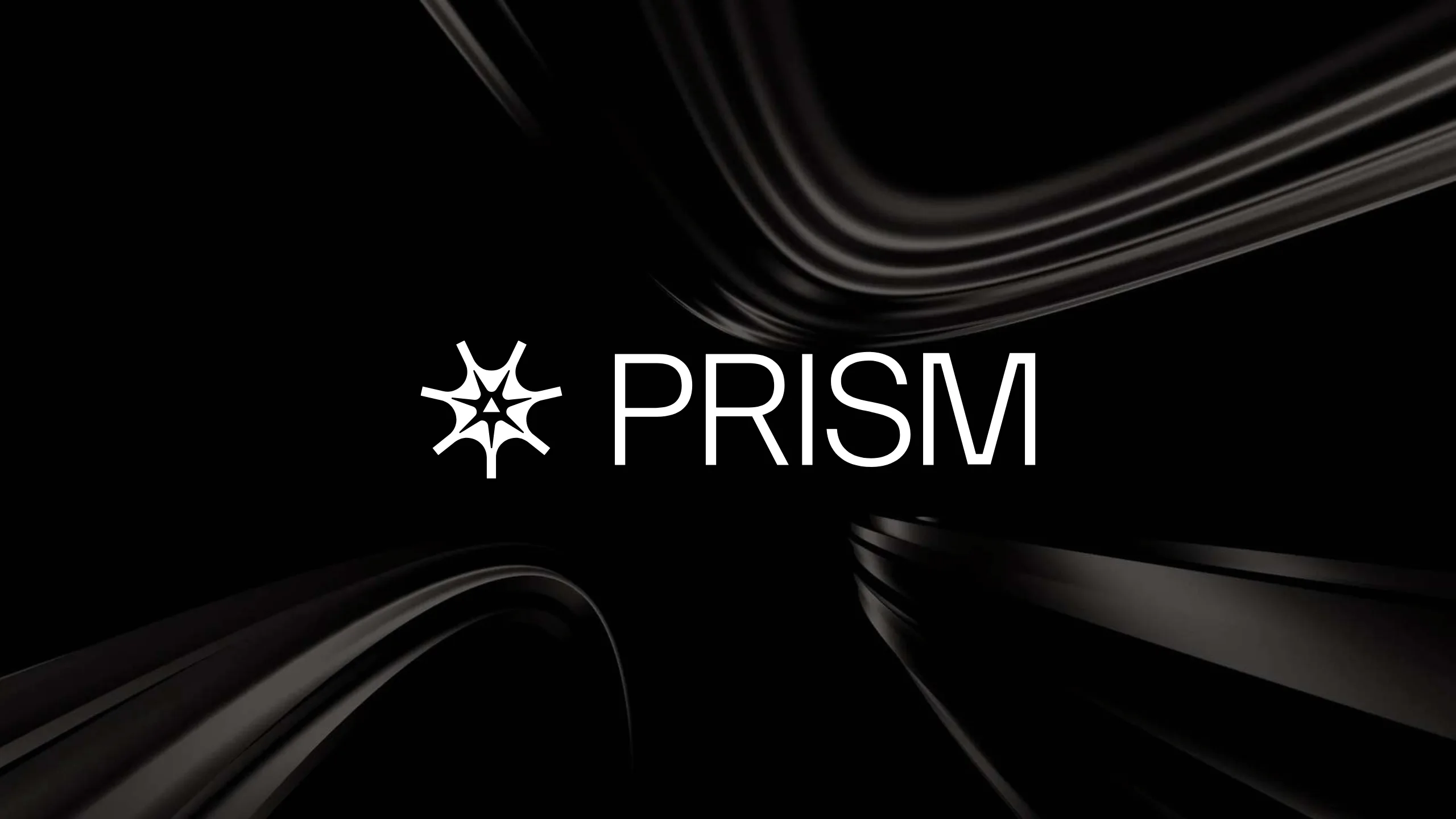 A stylized white star logo and the word PRISM in bold white letters appear centered on a black background with abstract curved lines.