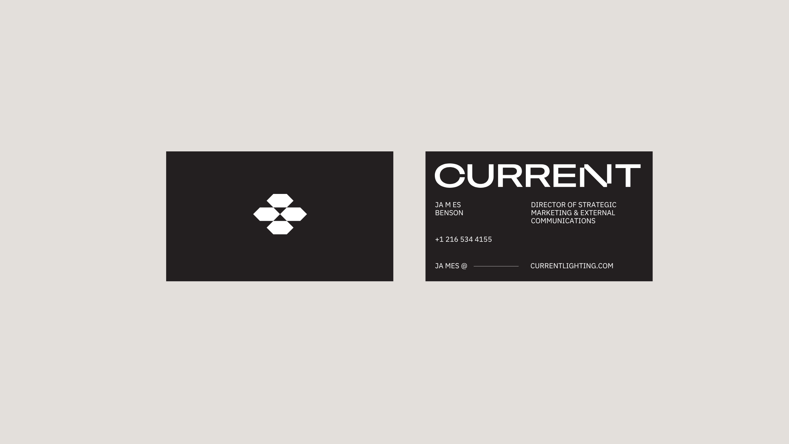 Two sides of a black business card: one side has a white geometric logo; the other side has the name CURRENT in large text, contact details, and a job title in white sans-serif font on a black background.