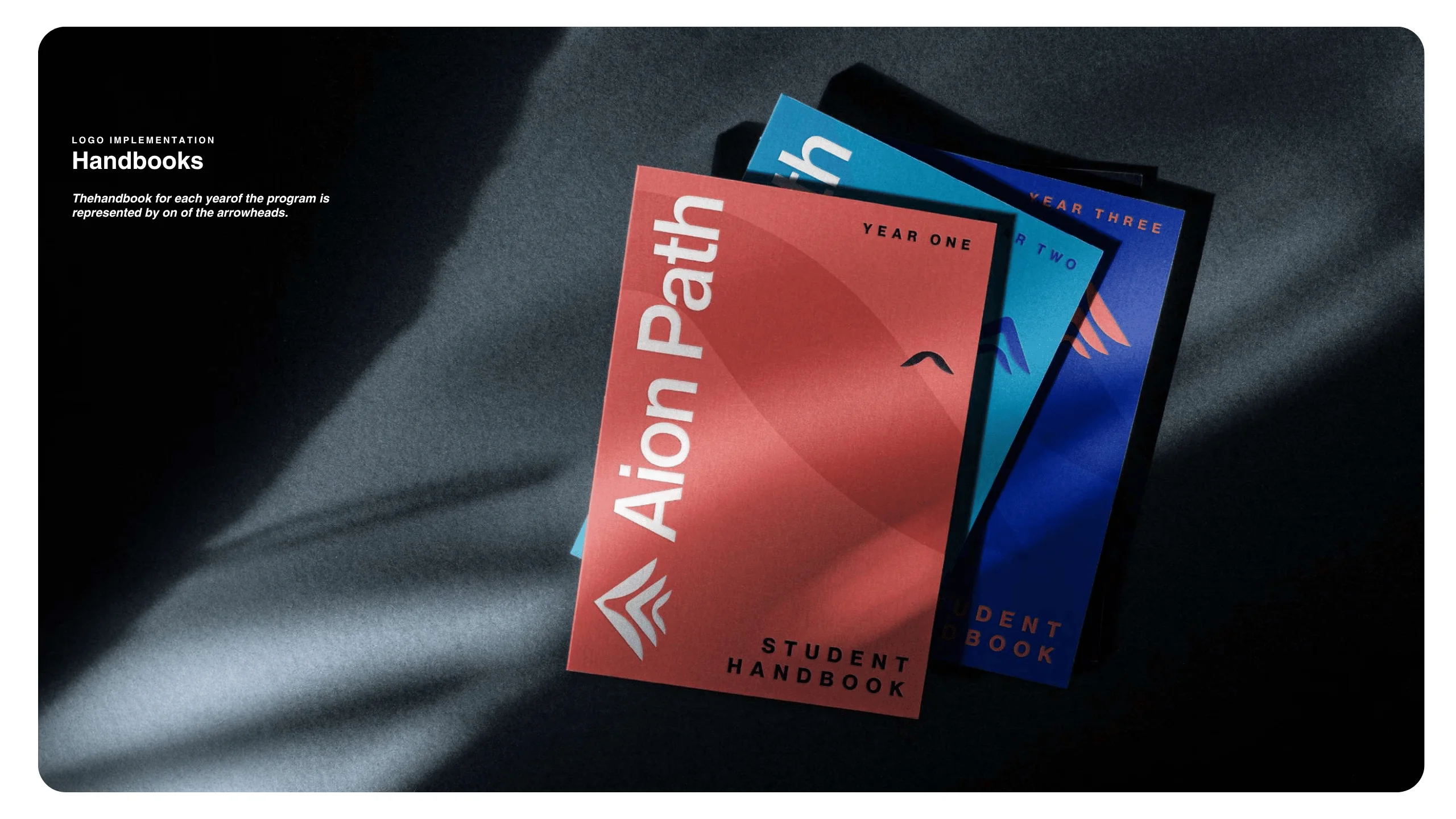 Three student handbooks titled Aion Path for different academic years are stacked on a dark surface with light streaming across them. The covers are in red, blue, and dark blue, each labeled by year.