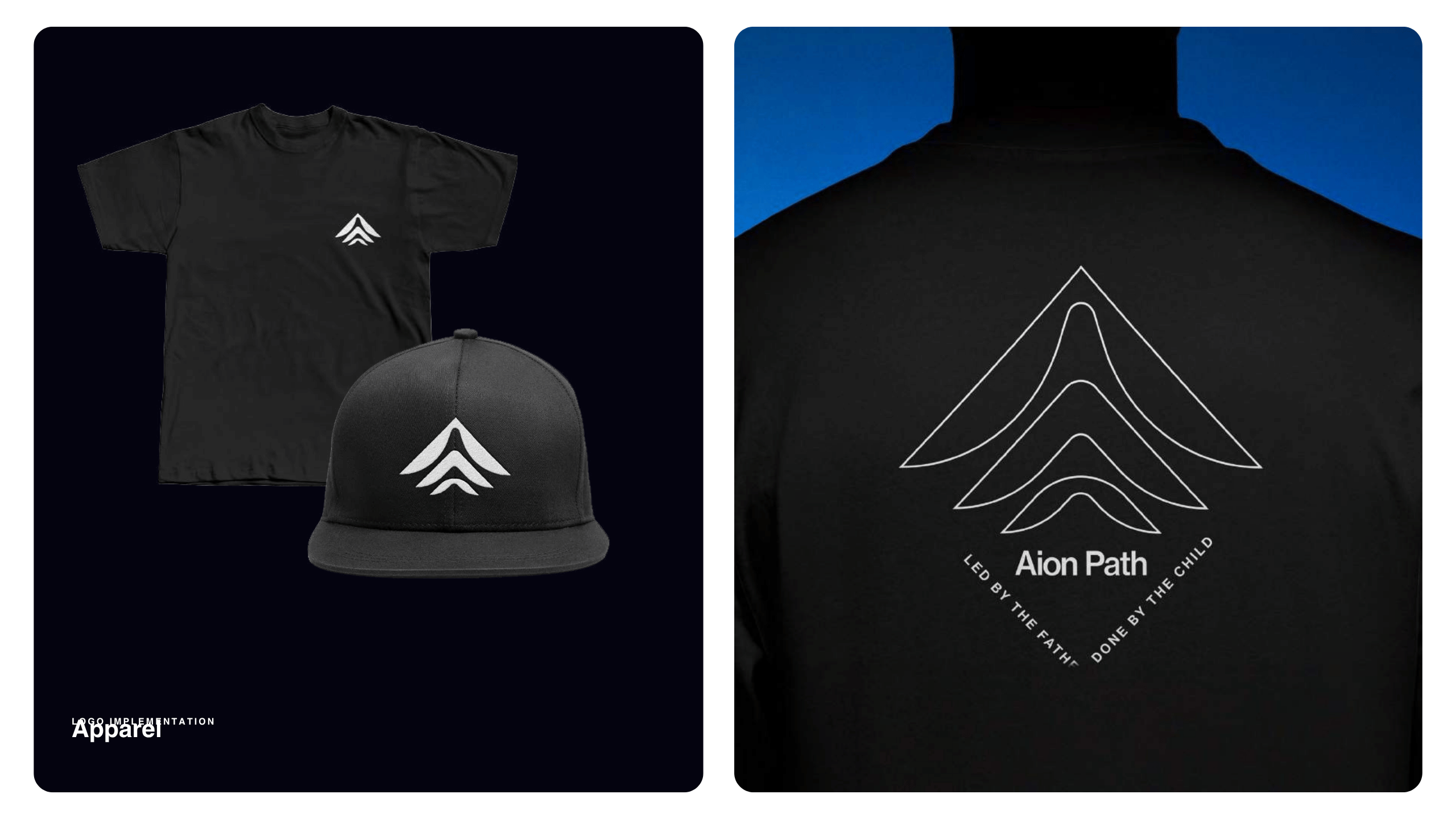 A black t-shirt, hat, and a close-up view of a shirt display a white geometric line logo with Aion Path and the slogan Led by intention, Done by the child printed underneath.