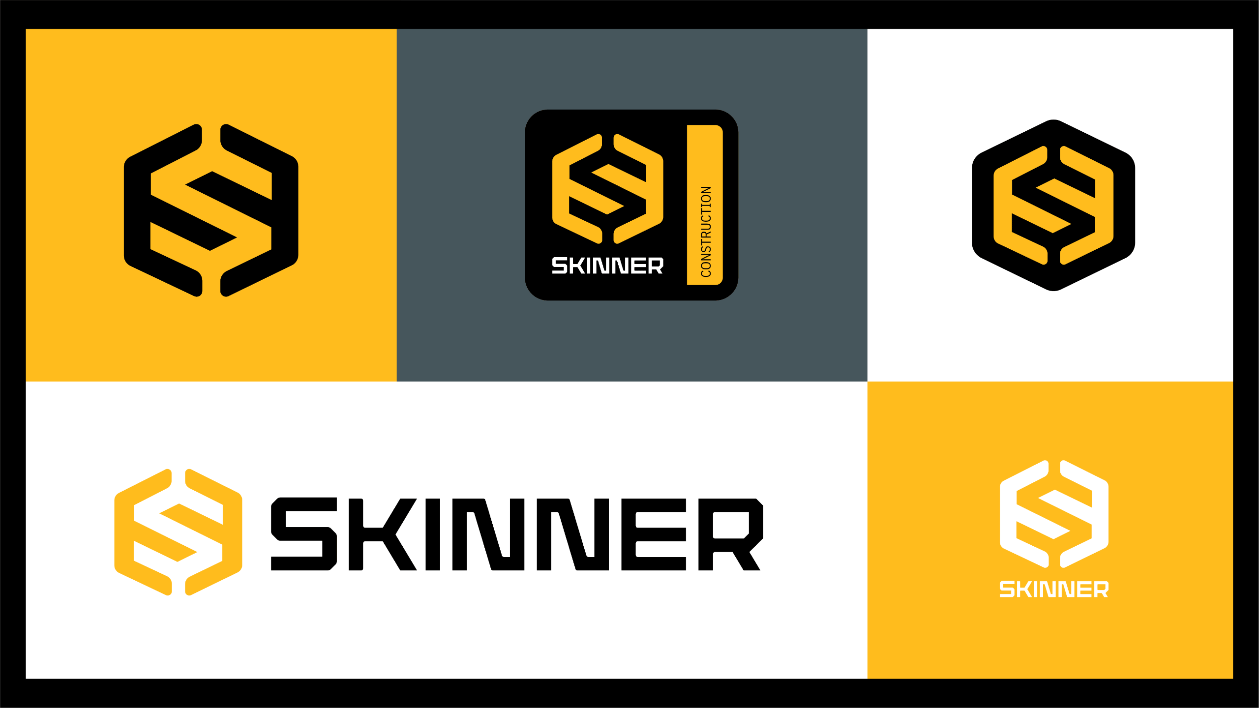 A branding design features a bold hexagonal S logo in yellow and black, shown alone and with the word SKINNER in uppercase text, with one version labeled CONSTRUCTION on a gray background.