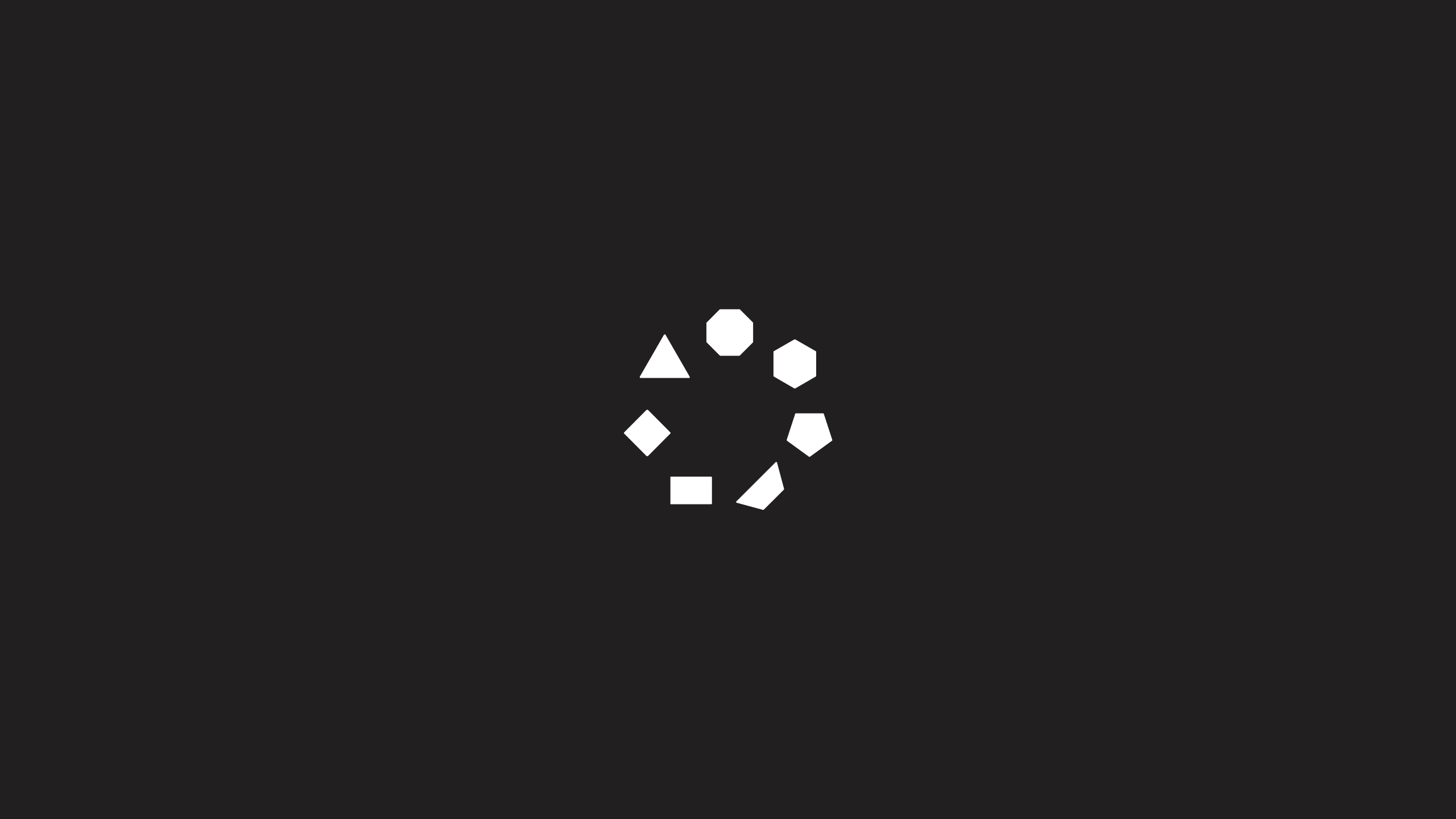 A white, circular geometric symbol with six differently shaped segments on a solid black background. The shapes include a triangle, square, circle, pentagon, diamond, and hexagon, evenly spaced in a ring.